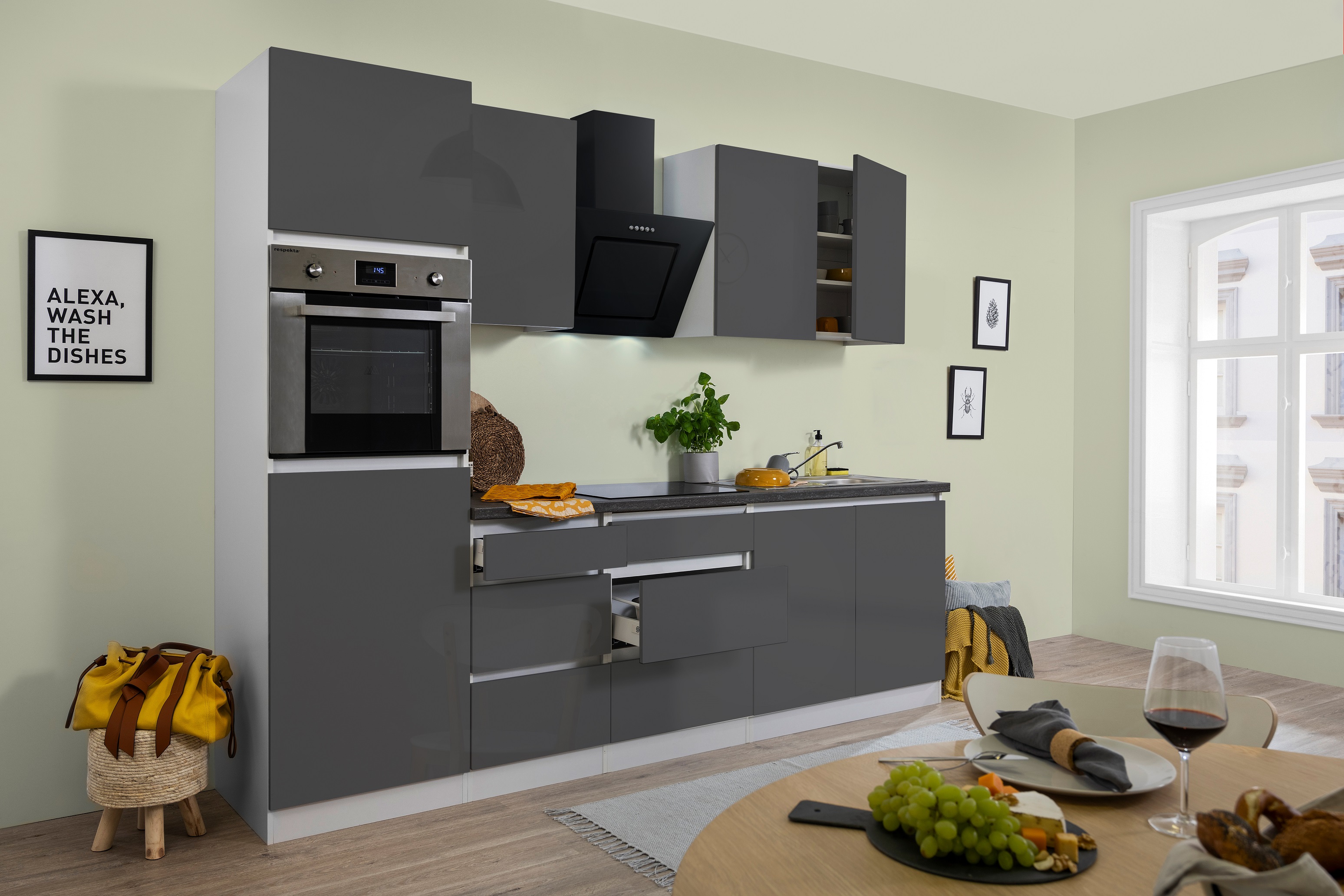 respekta Küche Küchenzeile Küchenblock grifflose Einbauküche 270 cm weiß grau