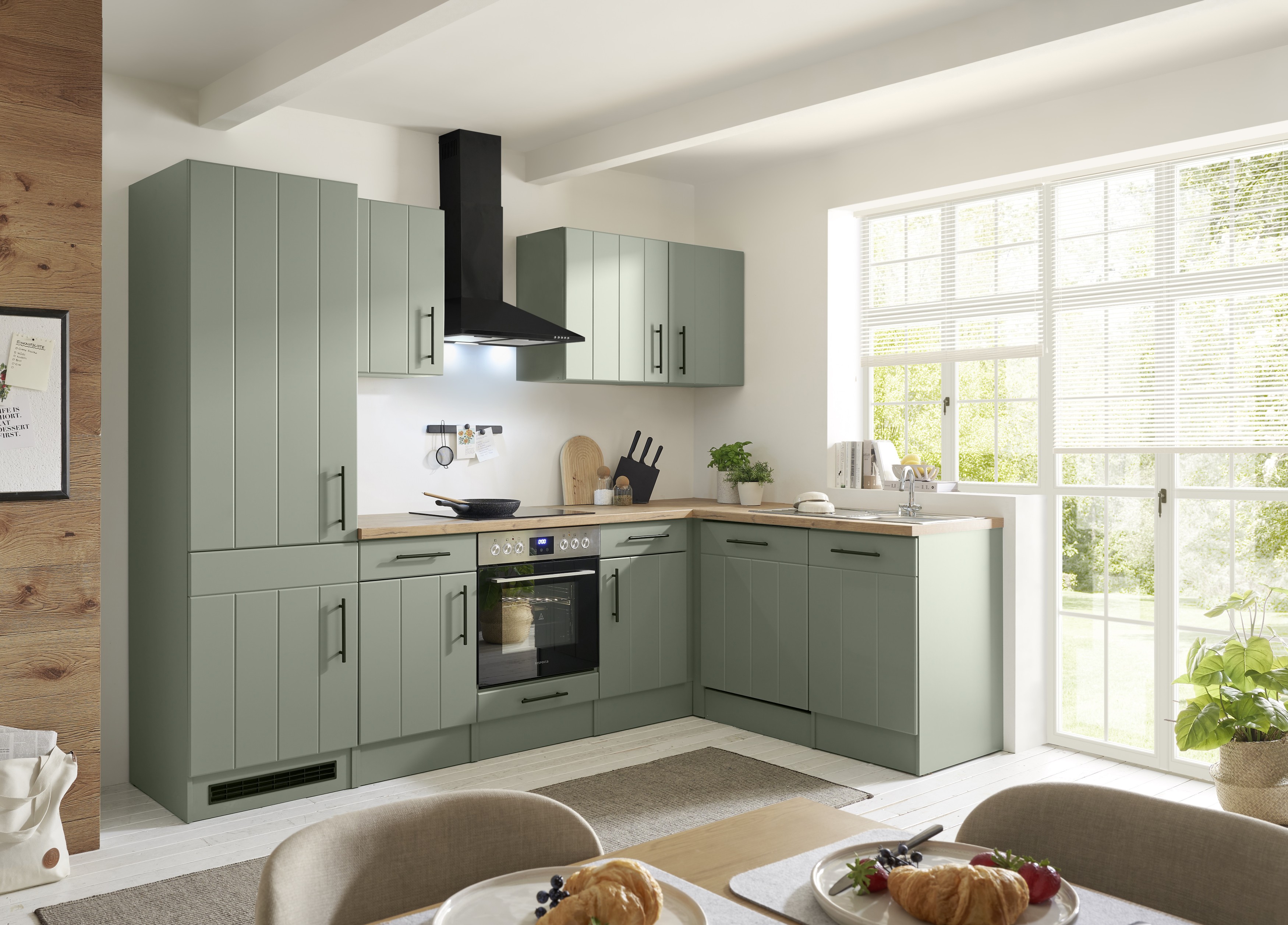 L Küche Einbauküche Winkelküche Landhaus Grün Anton 280 cm großer Kühlschrank Respekta