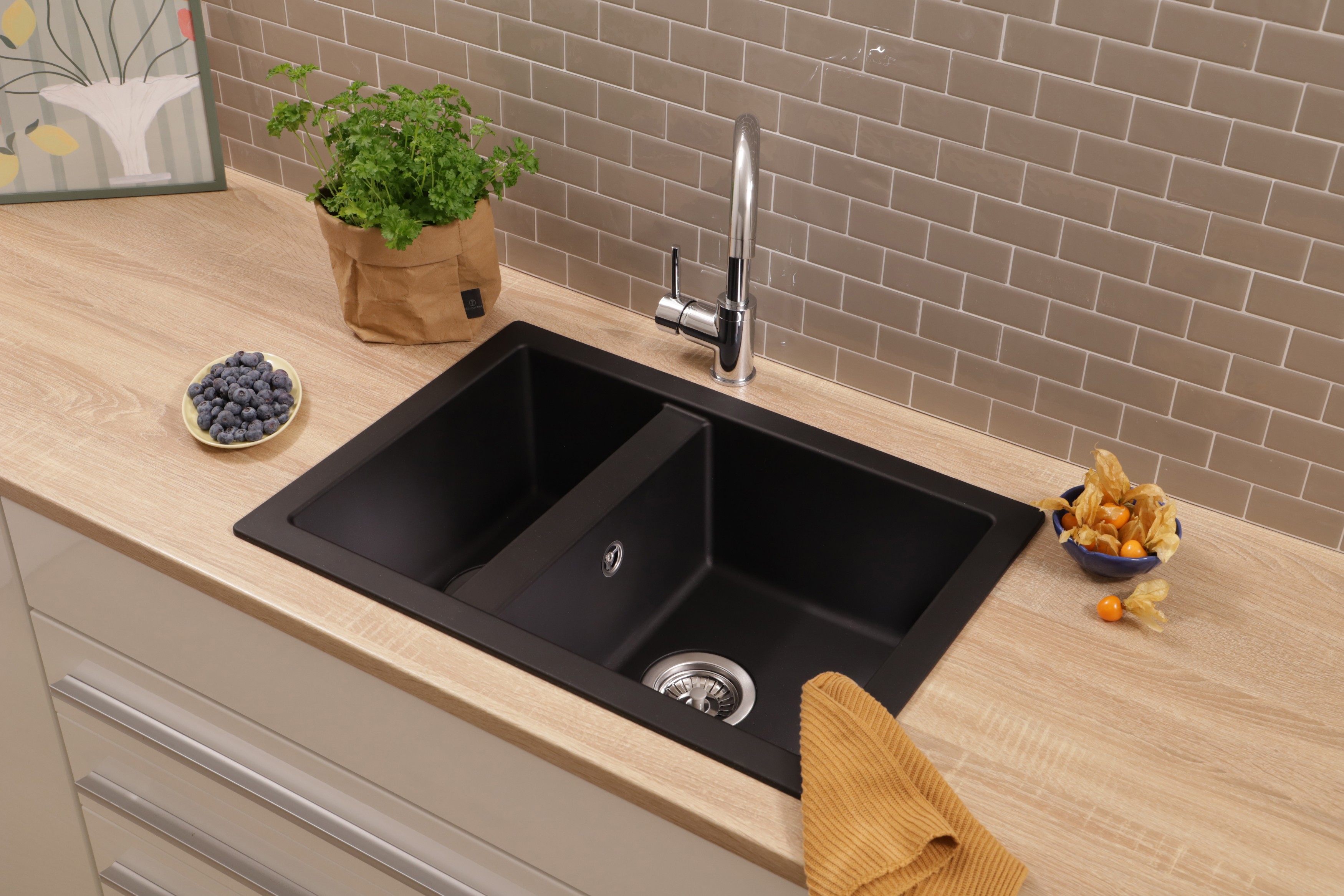 Küchenspüle Einbauspüle Spüle Granit Mineralite 64 x 44 Schwarz Ohio Respekta