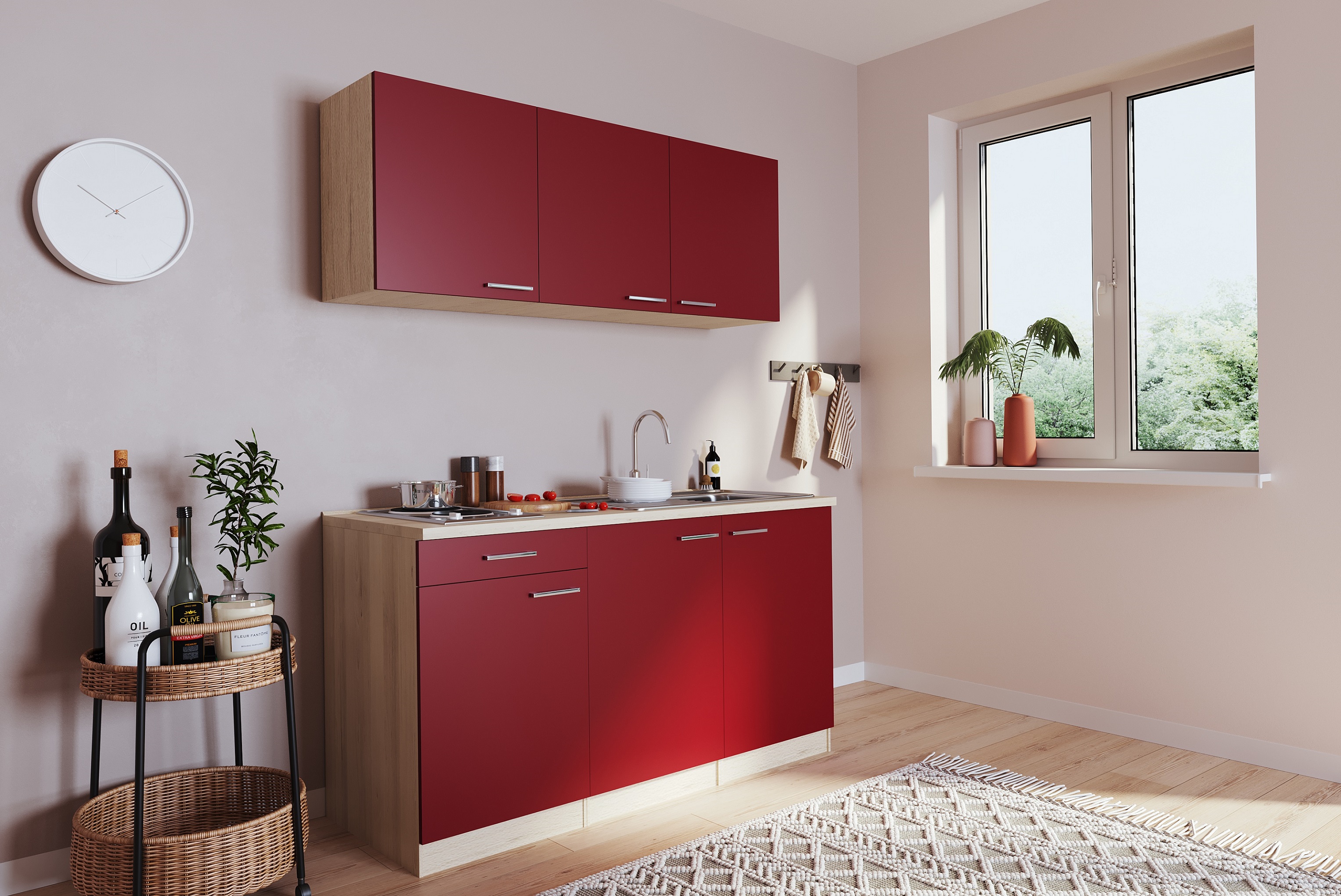 Mini cucina Respecta Luis 150 cm rovere segato rosso senza frigorifero cucina singola