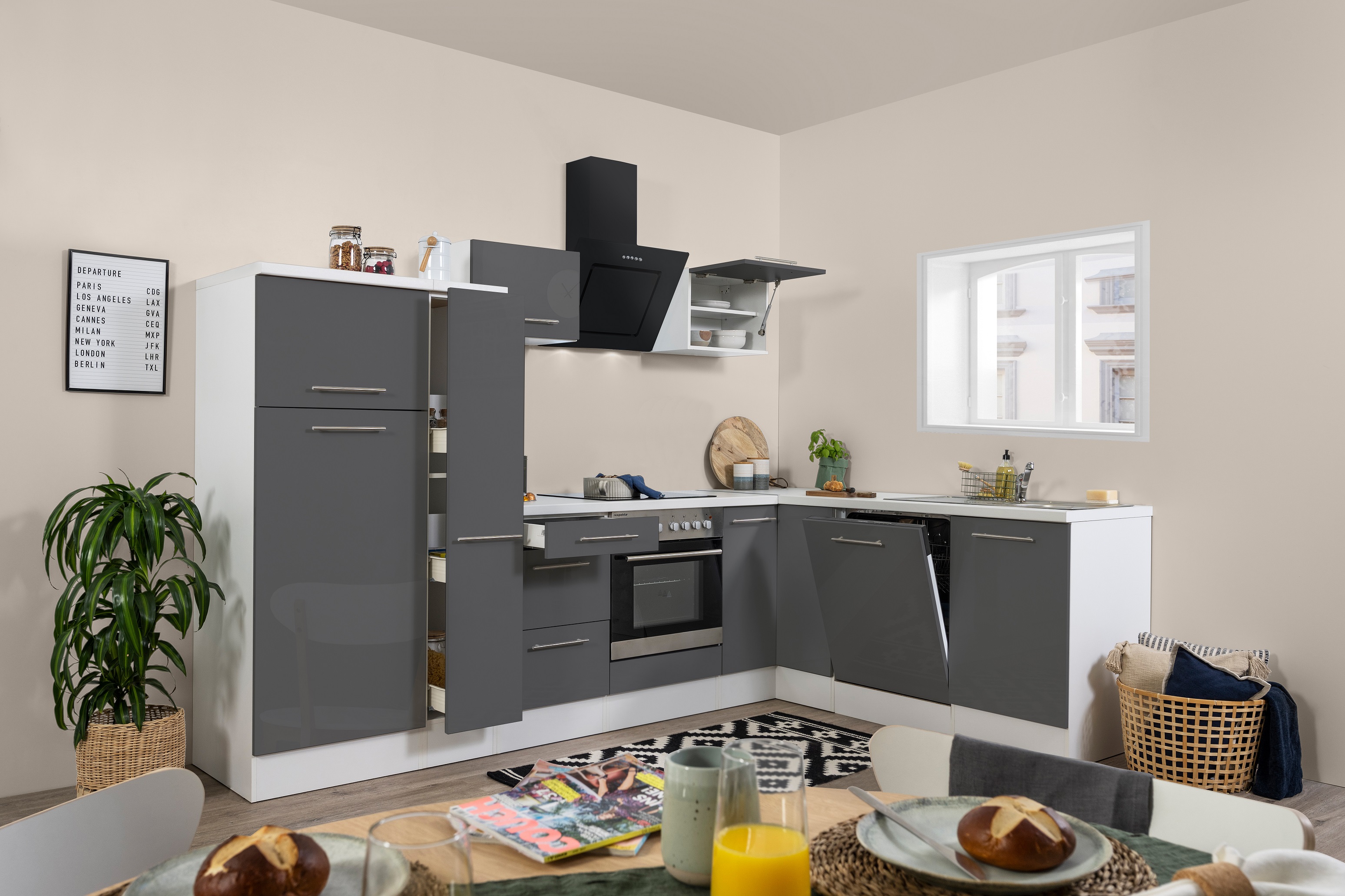 Angle kitchen kitchen unit L-shape kitchen fitted kitchen white grey 290x200 cm respekta