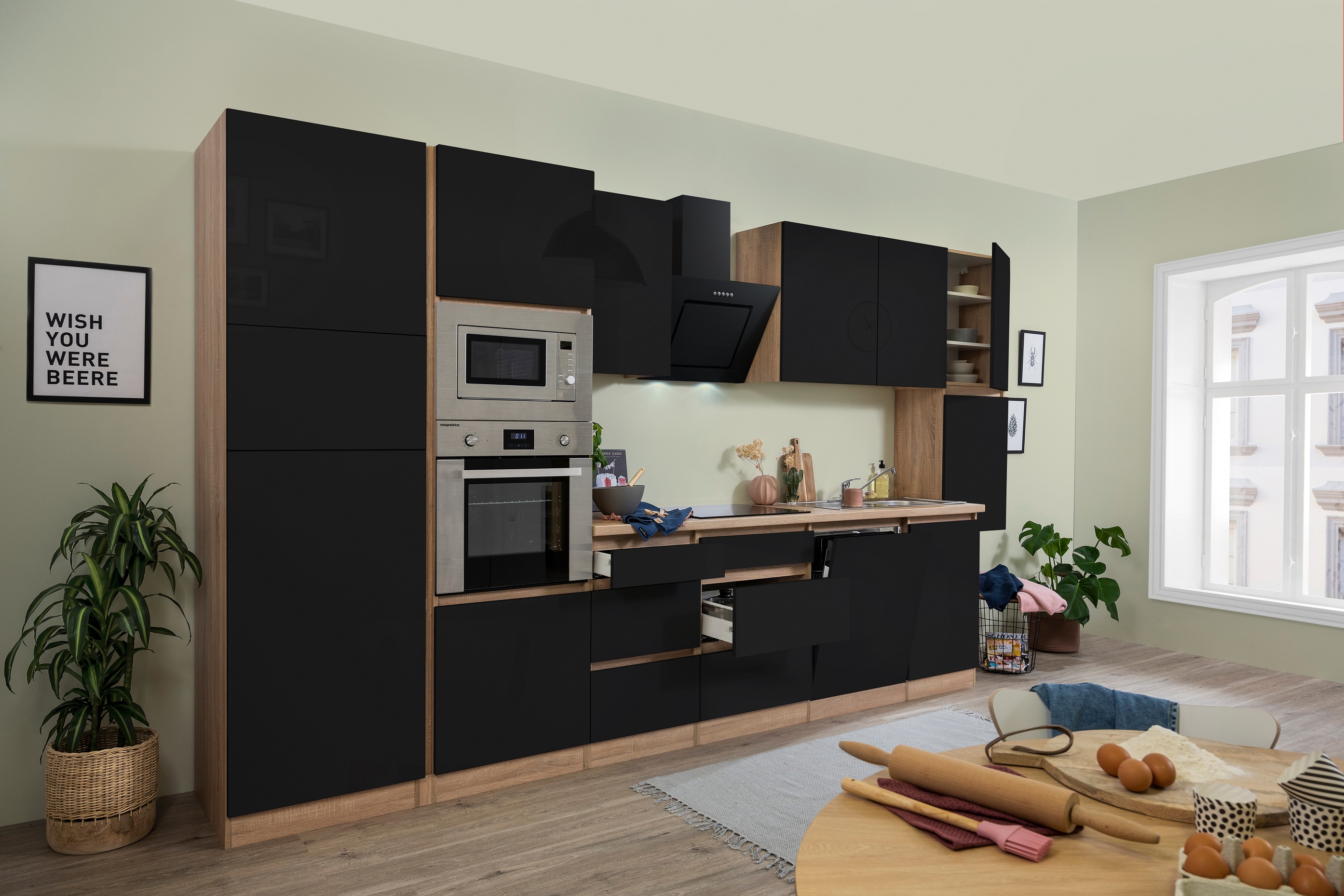 respekta blocco cucina cucina senza maniglie 395 cm rovere sonoma nero