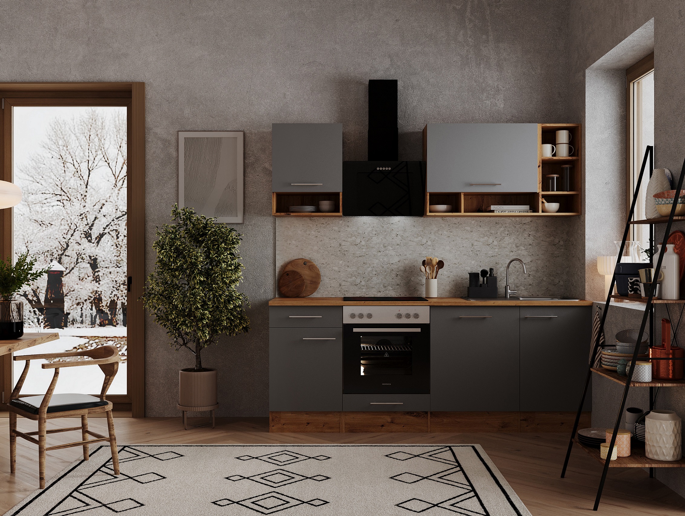 Küche Küchenzeile Küchenblock Einbauküche Eiche Grau Hilde 220 cm  Respekta