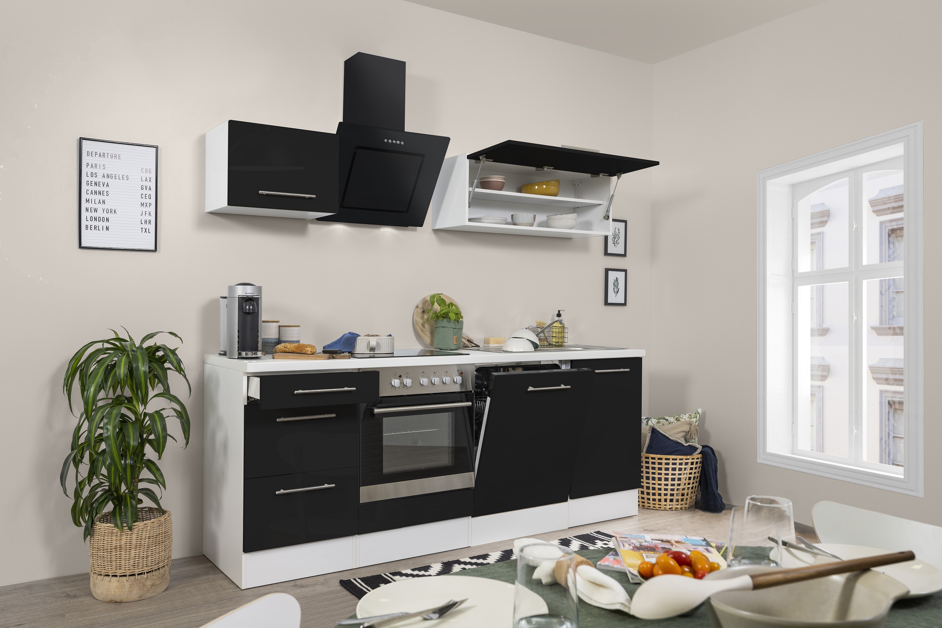 respekta Küchenzeile Küche Einbauküche Küchenblock Hochglanz 220 cm weiß schwarz