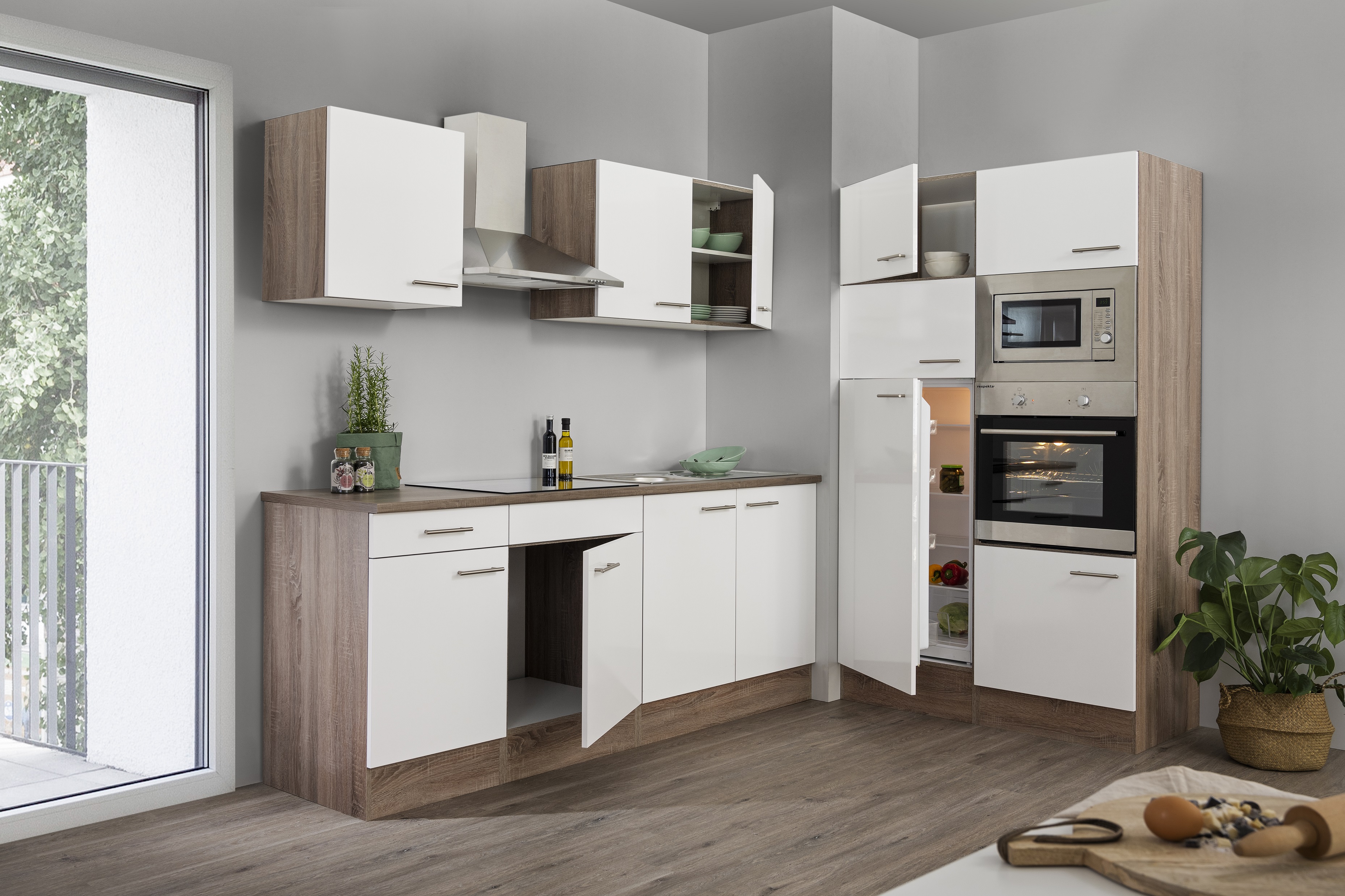Küche Küchenzeile Leerblock Einbauküche Eiche York Weiß Oliver 330 cm Respekta