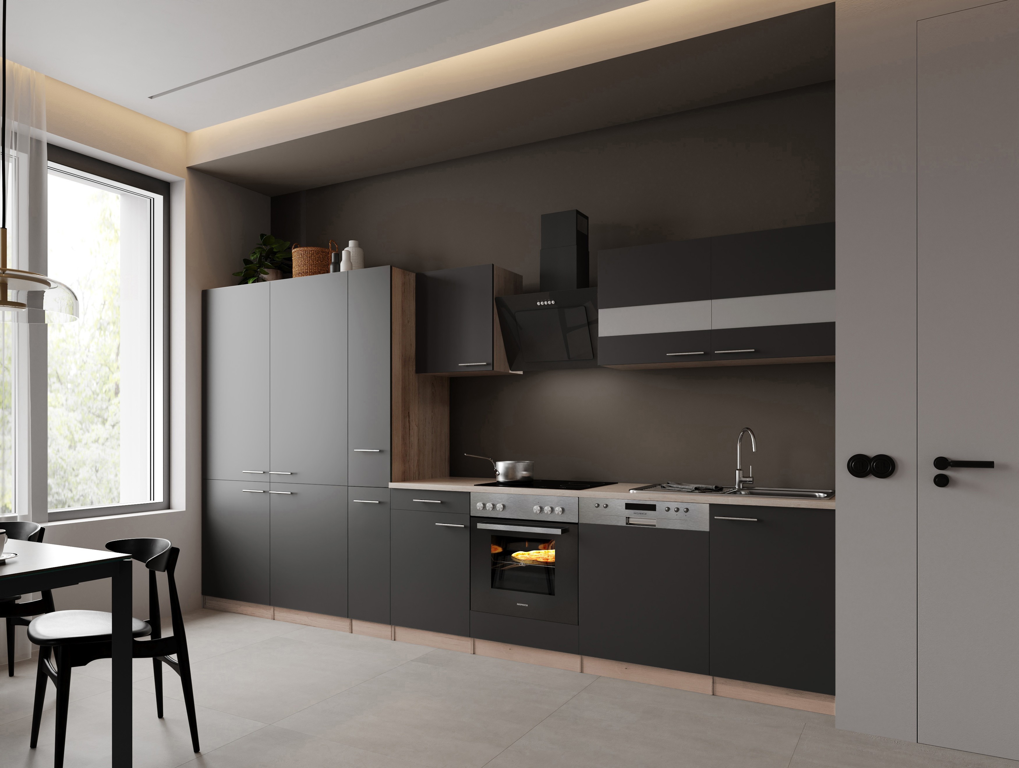 Einbauküche Küchenzeile Eiche Sägerau Grau Merle 370 cm French Door Respekta