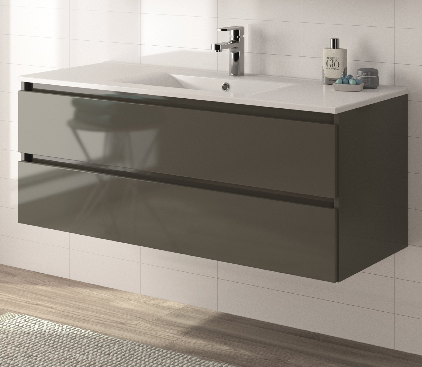 ALLIBERT Badmöbel-Set Badmöbel vormontiert grau Glanz Softclose Waschtisch 120cm