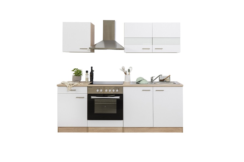 respekta Küche Küchenzeile Einbauküche Küchenblock 210 cm Eiche Sägerau weiß | Unterschränke