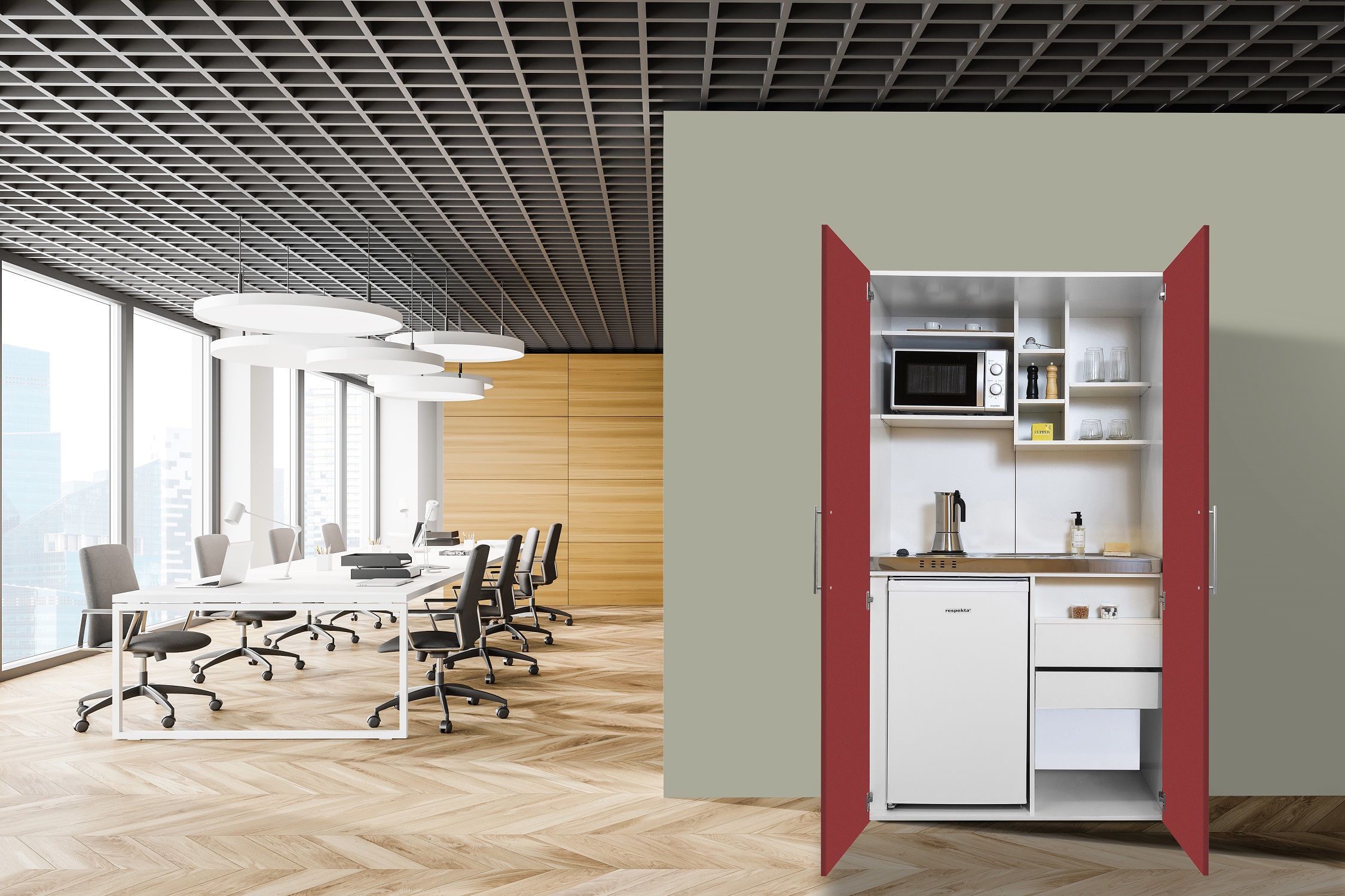 Küche Büroküche Miniküche Singleküche Weiß Rot Peter 104 cm Respekta