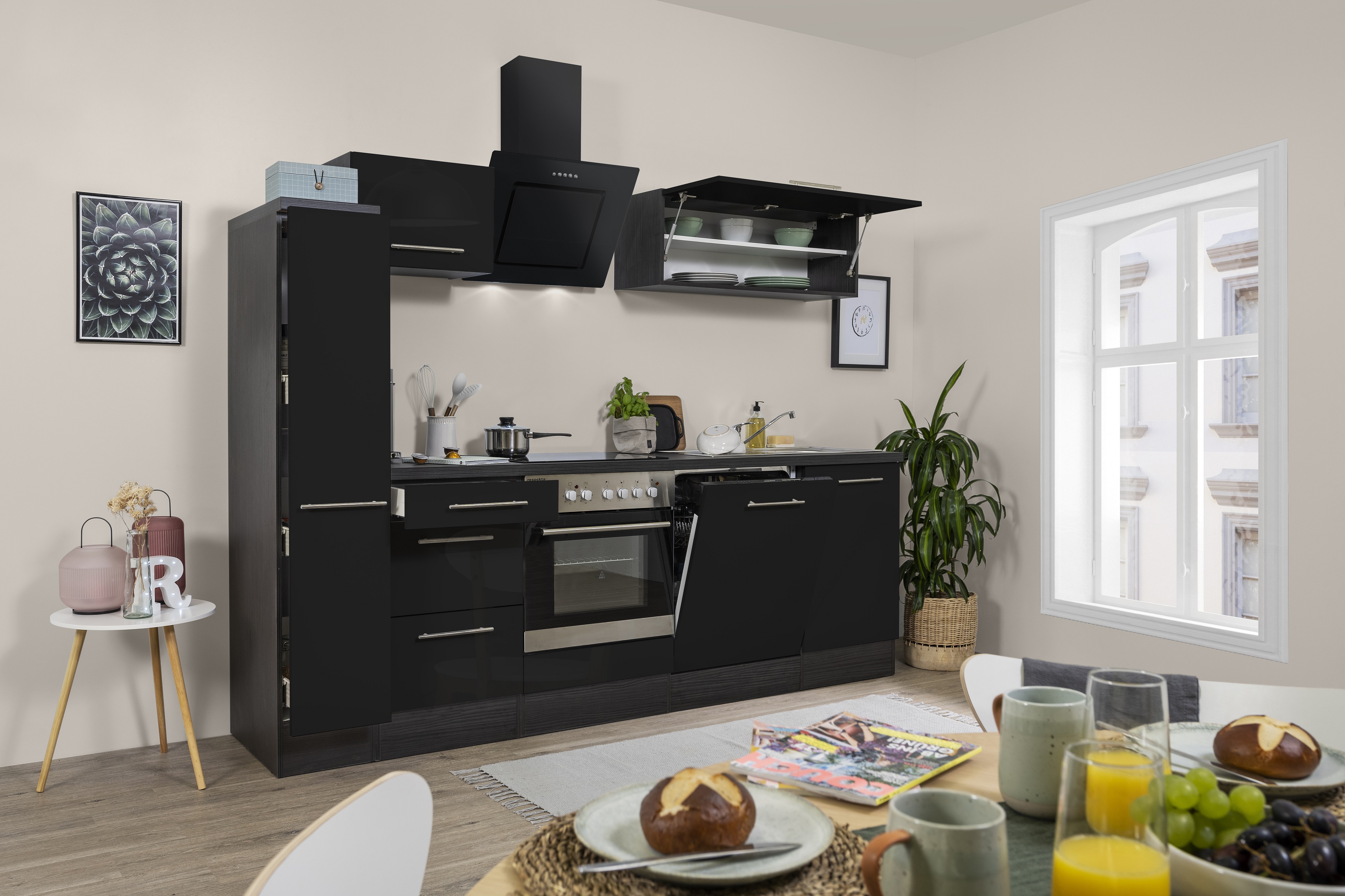 respekta kitchen unit kitchen fitted kitchen kitchen block high gloss 250cm oak black