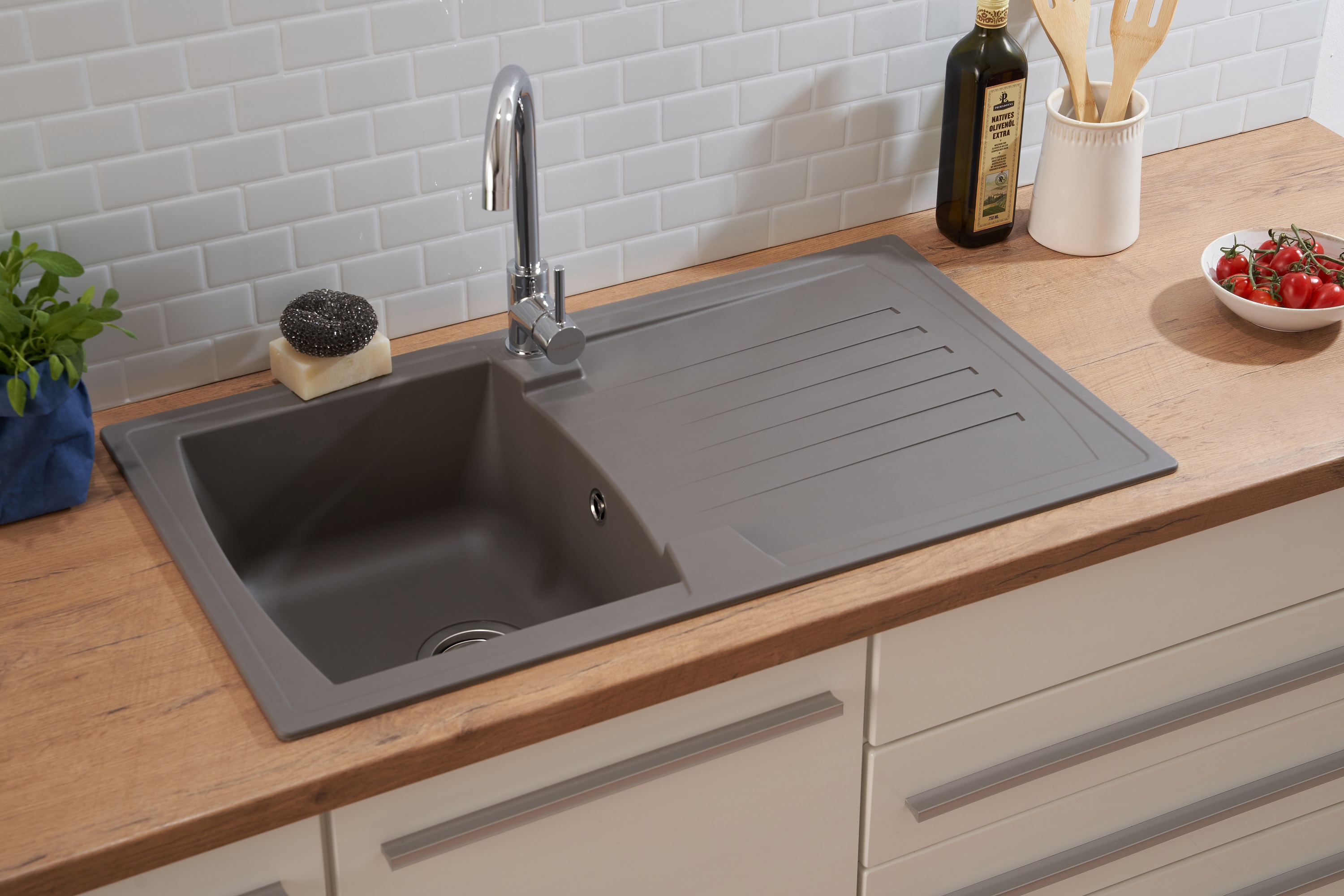 Verpackungsschaden Küchenspüle Einbauspüle Spüle Granit Mineralite 86 x 50 cm Grau Respekta Boston