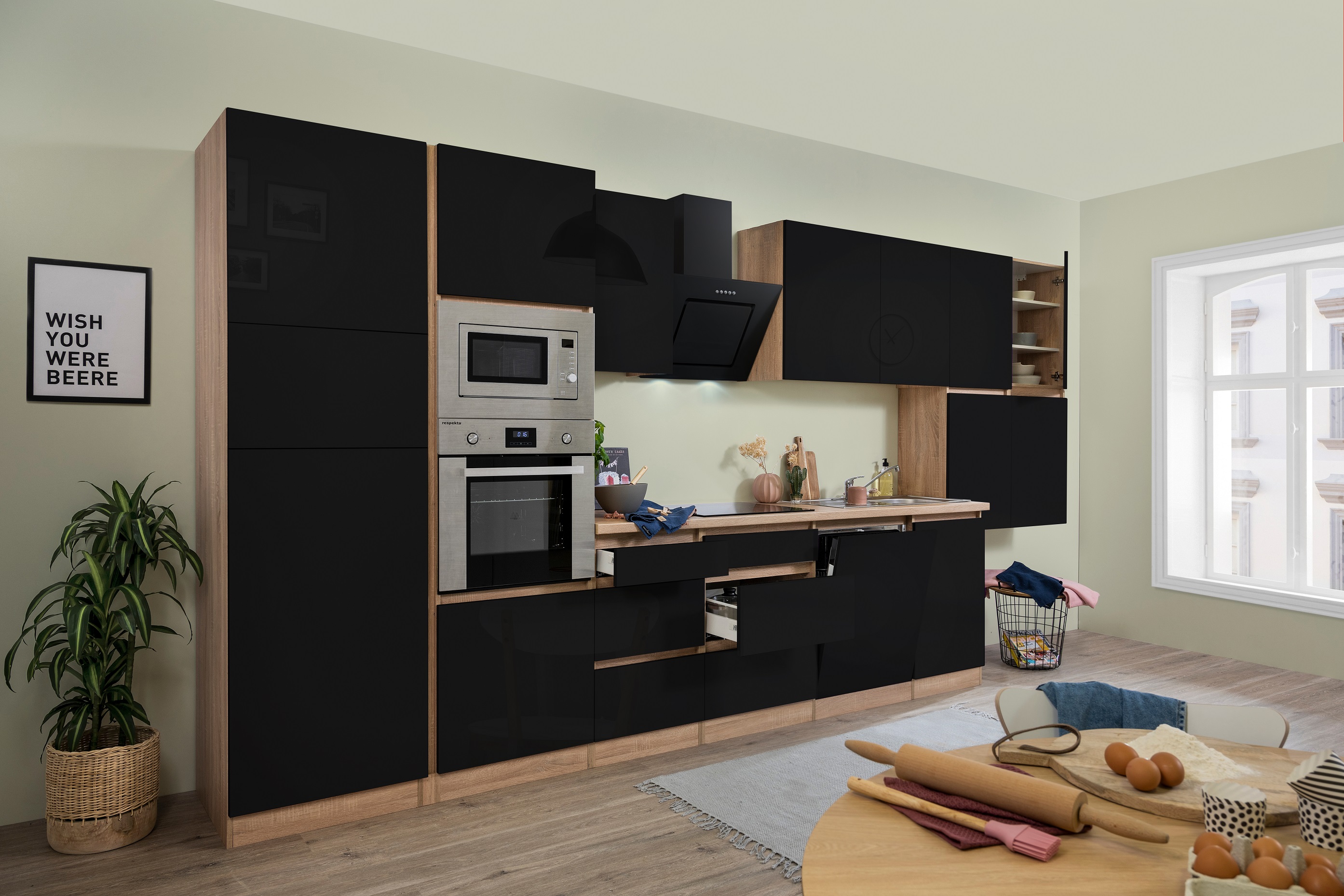 respekta Küchenzeile Küchenblock grifflose Küche 445 cm Eiche Sonoma schwarz