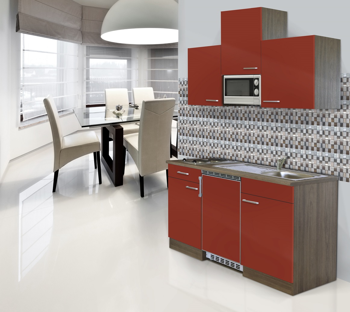 respekta Miniküche Küche Küchenzeile Single Küchenblock 150 cm Eiche York rot