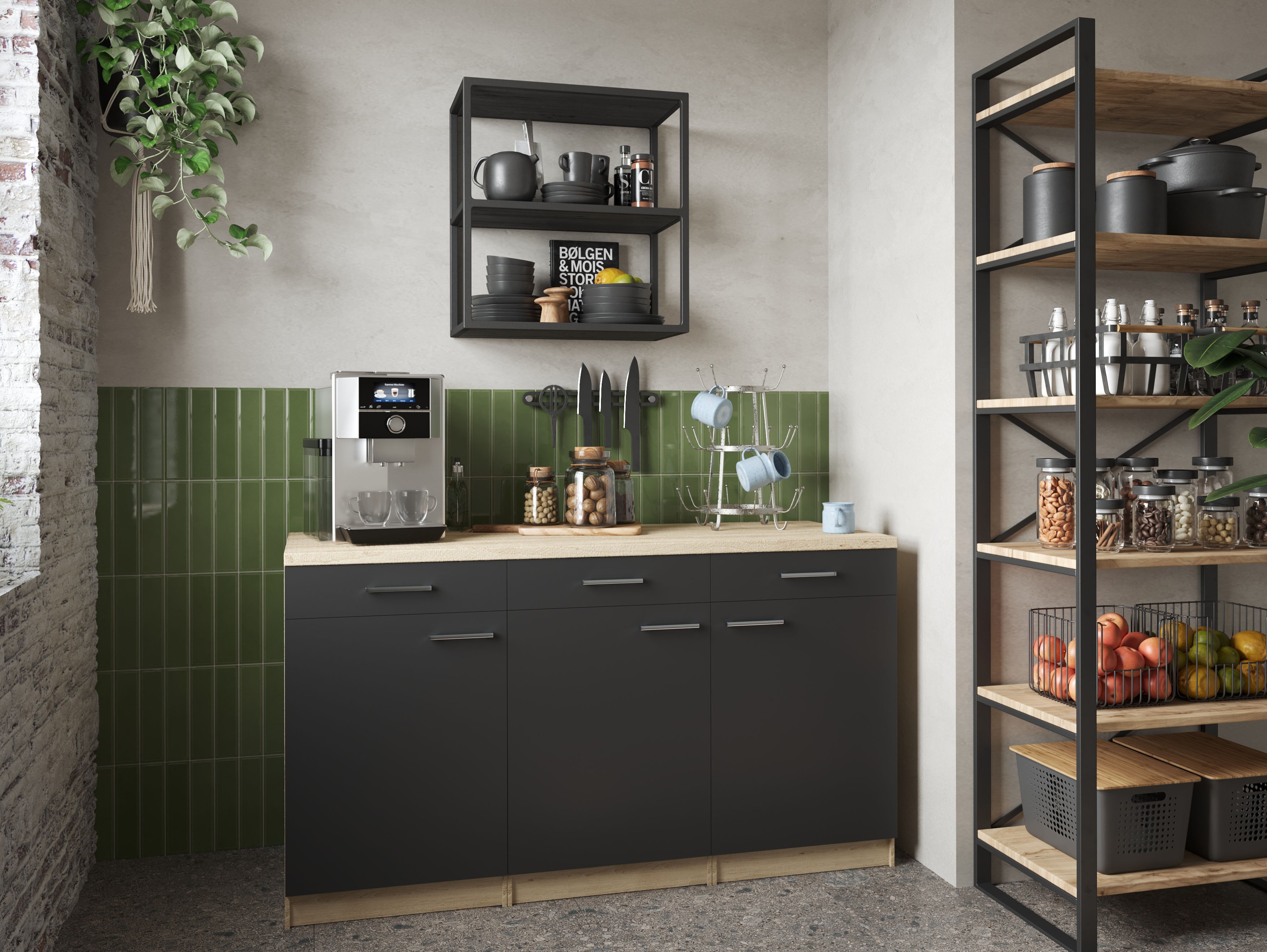 Küchenschrank Unterschrank Schublade 150 cm Eiche Sägerau Schwarz Merle Respekta Küchenschrank Unterschrank Schublade 150 cm Eiche Sägerau Schwarz Merle Respekta