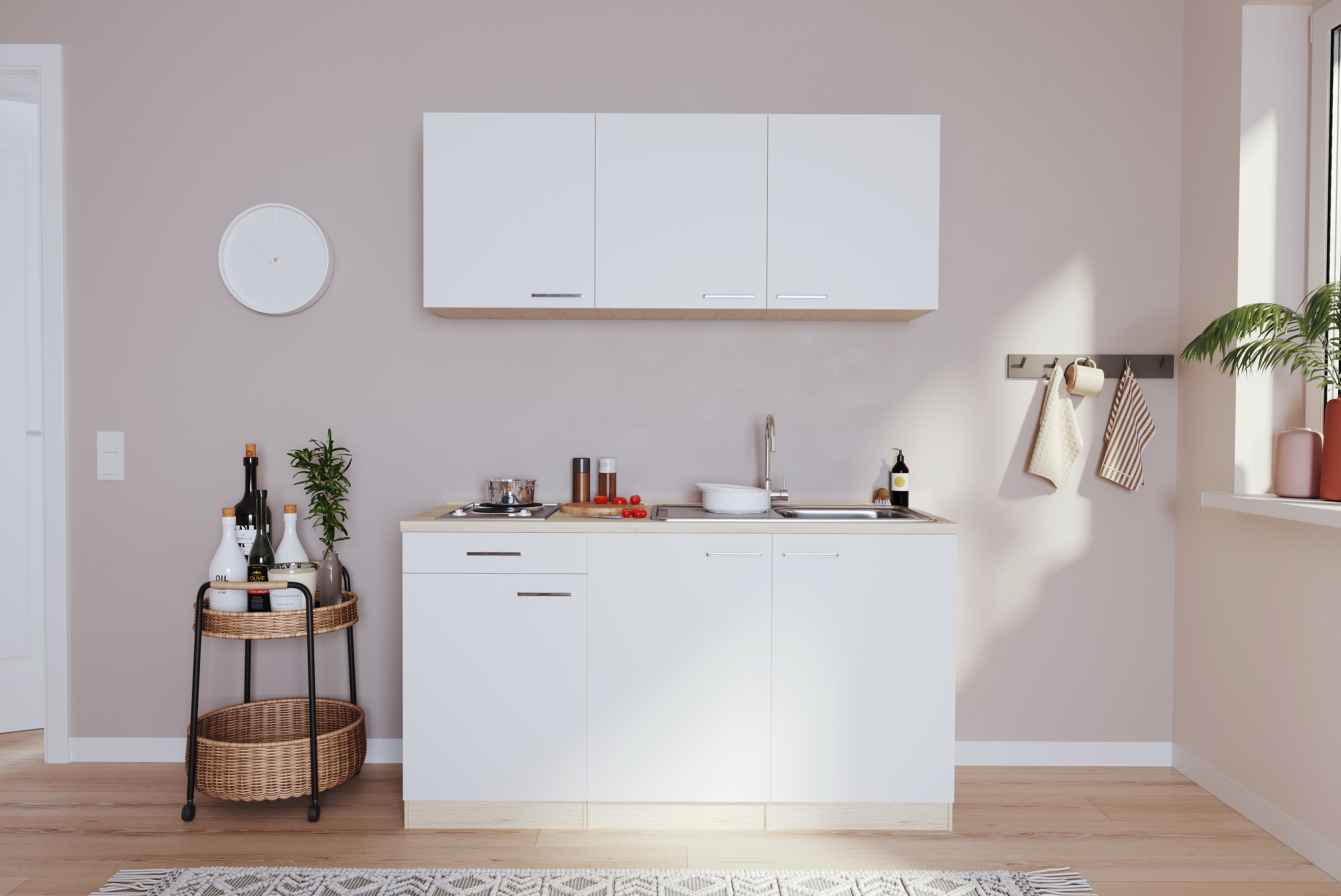 Respecta mini cucina Luis 150 cm rovere grezzo segato bianco senza frigorifero cucina singola