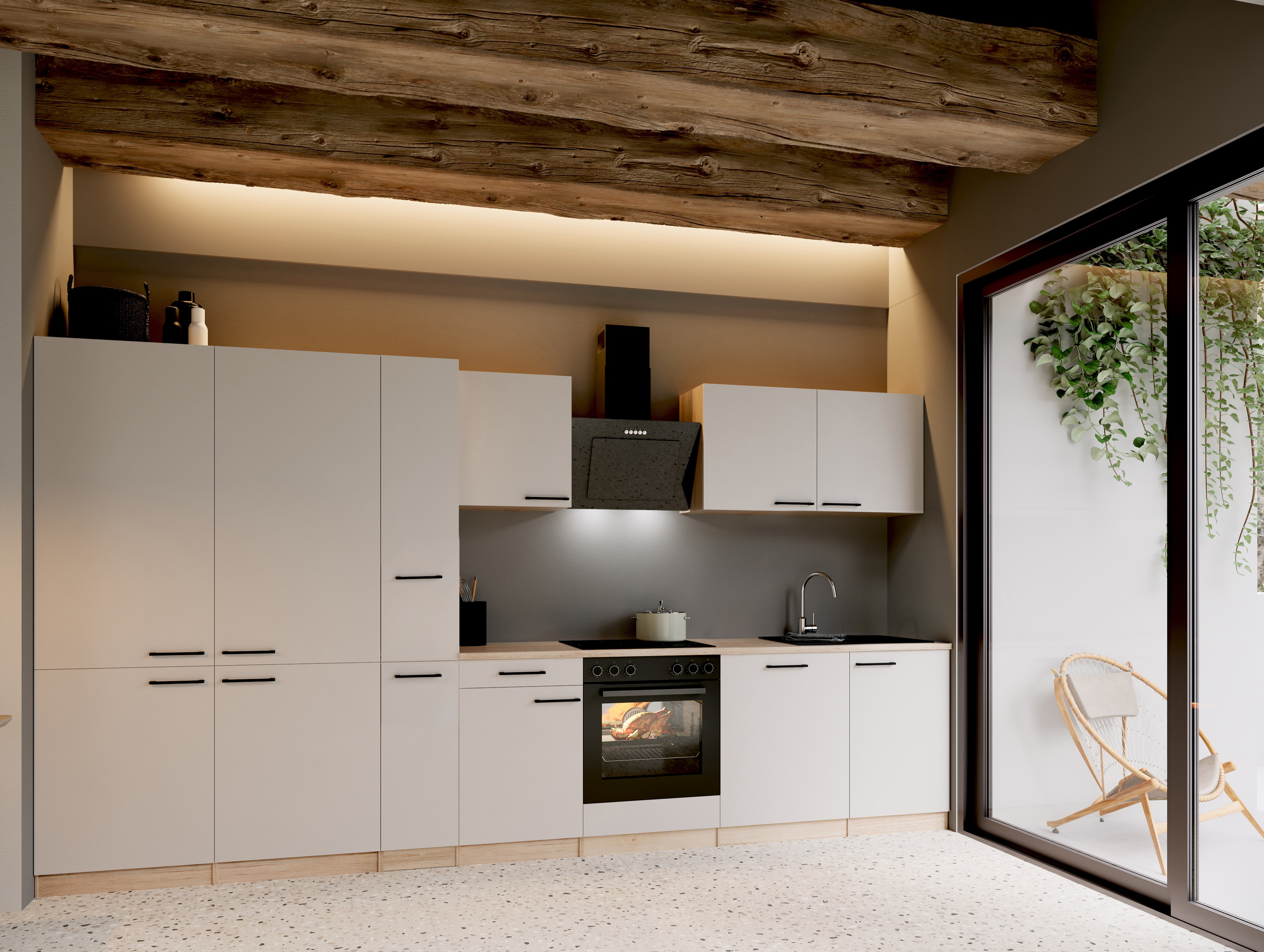 Respekta Küchenzeile Merle mit Einbaukühlschrank French Door 370 cm – Kaschmir / Eiche Sägerau Nachbildung