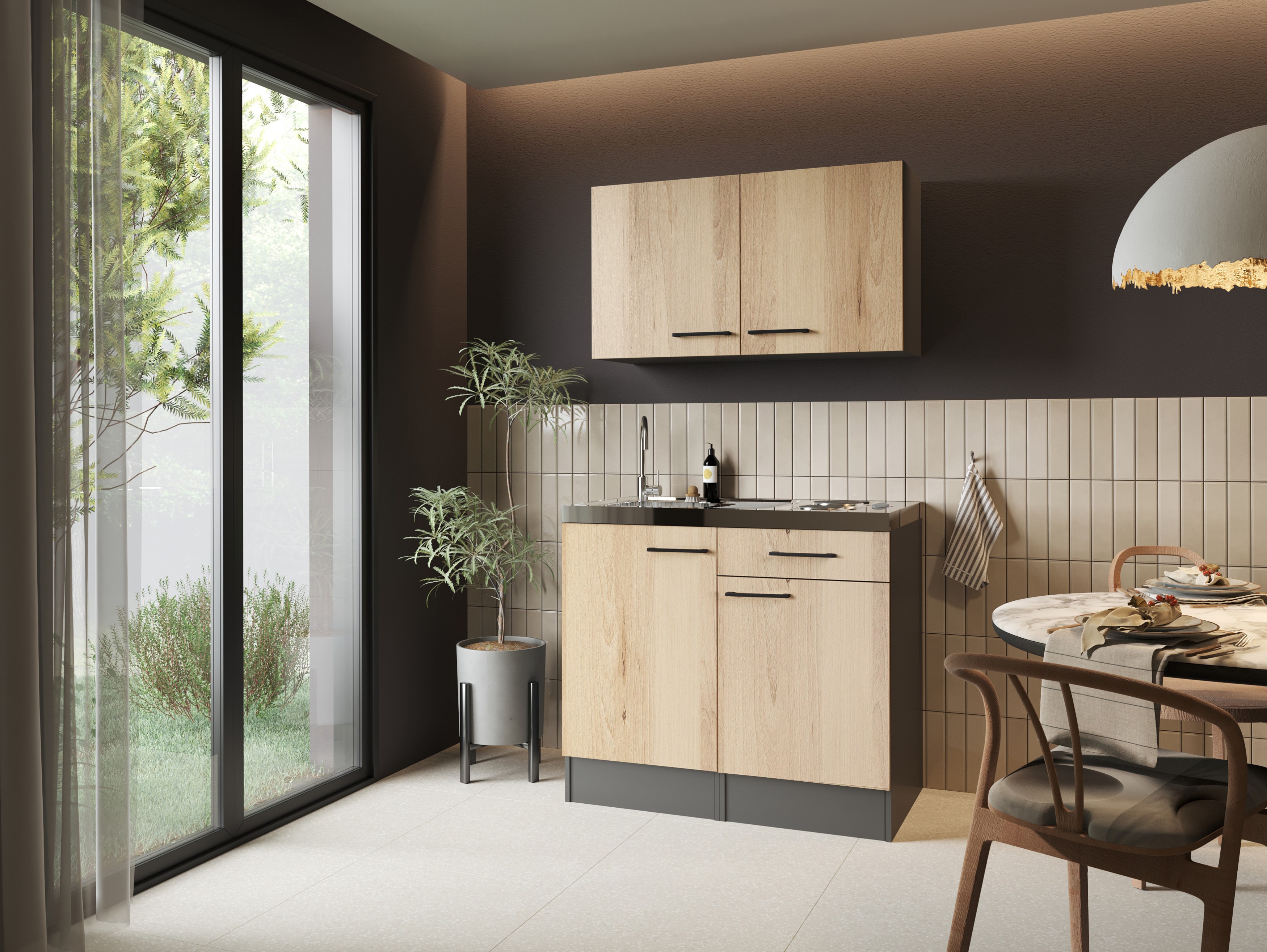 Miniküche Singleküche Küche Pantry Set 100 cm Artisan Eiche Grau Oliver Respekta