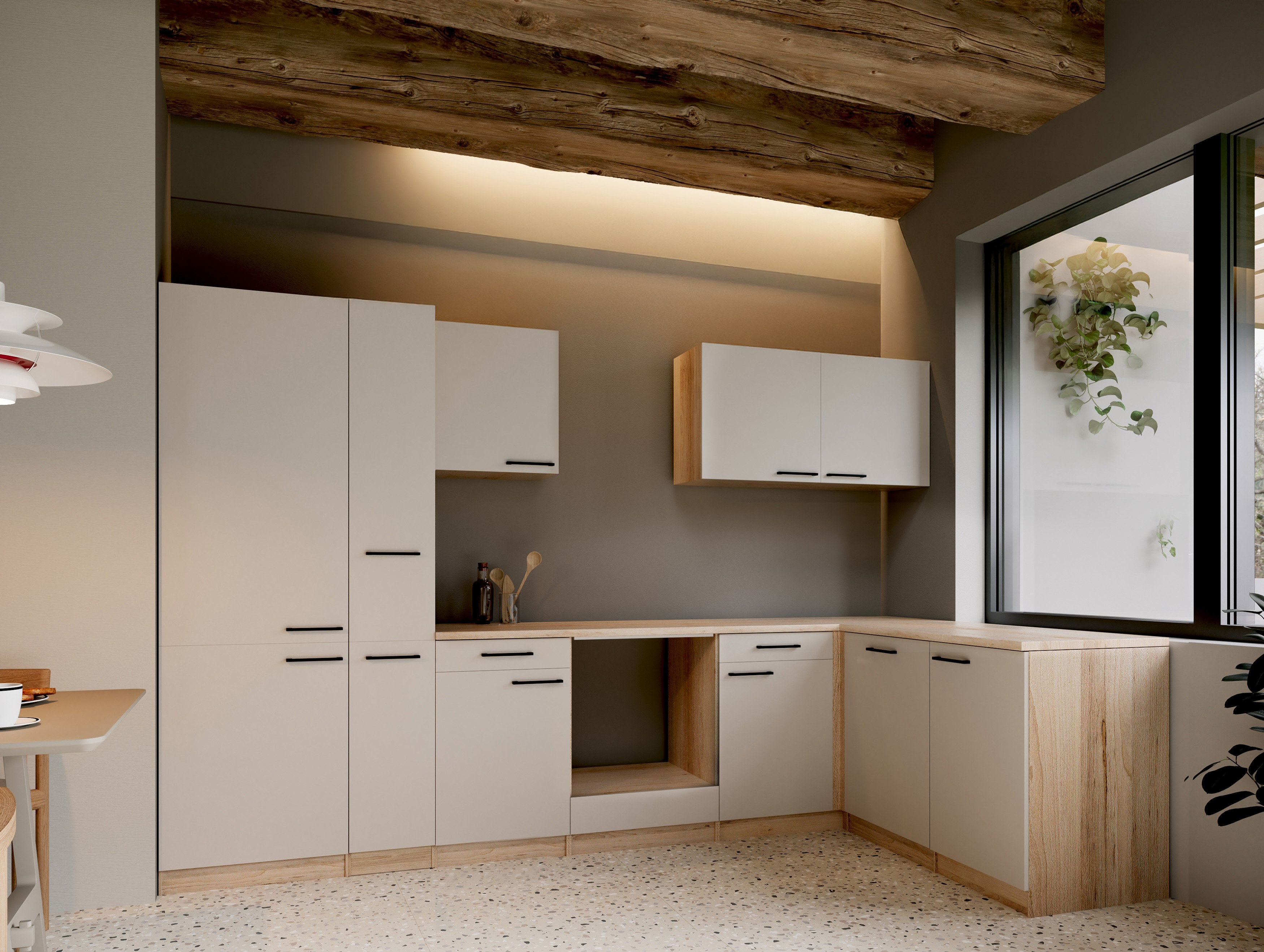Respekta Winkelküche Leerblock Küchenzeile Merle 310 x 172 cm – Kaschmir / Eiche Sägerau Nachbildung