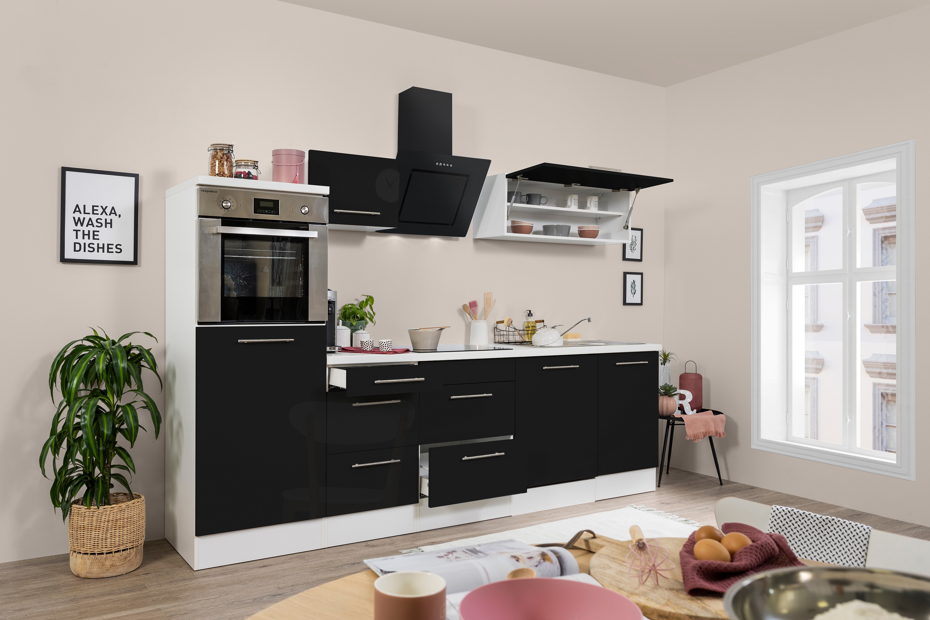 Küche Küchenzeile Küchenblock  Weiß Schwarz Amanda 280 cm Respekta Premium