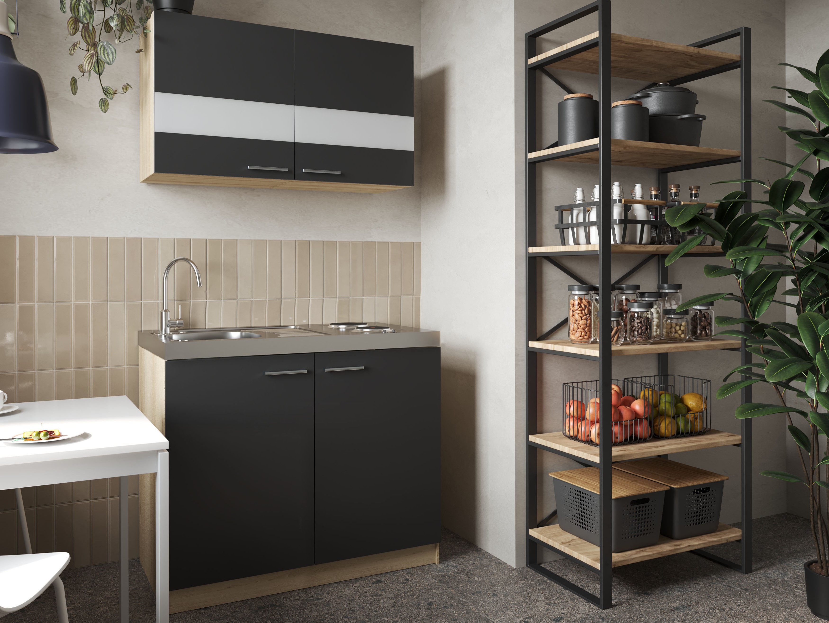 Küche Miniküche Singleküche Pantry Eiche Sägerau Schwarz Merle 100 cm Respekta