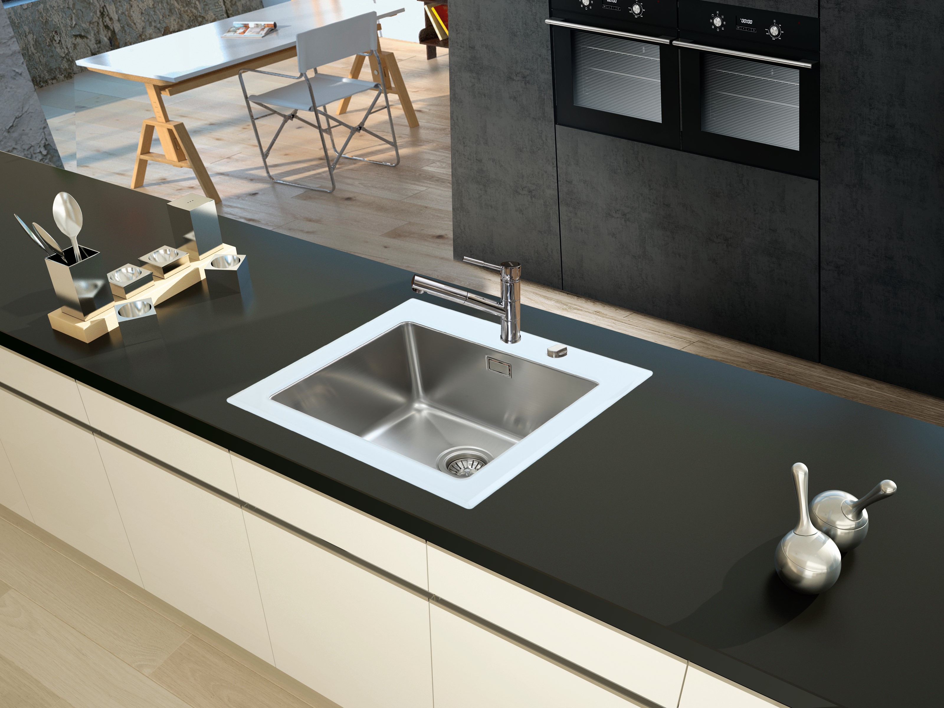 respekta Spüle Einbauspüle Glasspüle Küchenspüle Glas Edelstahl 55 x 53 weiß