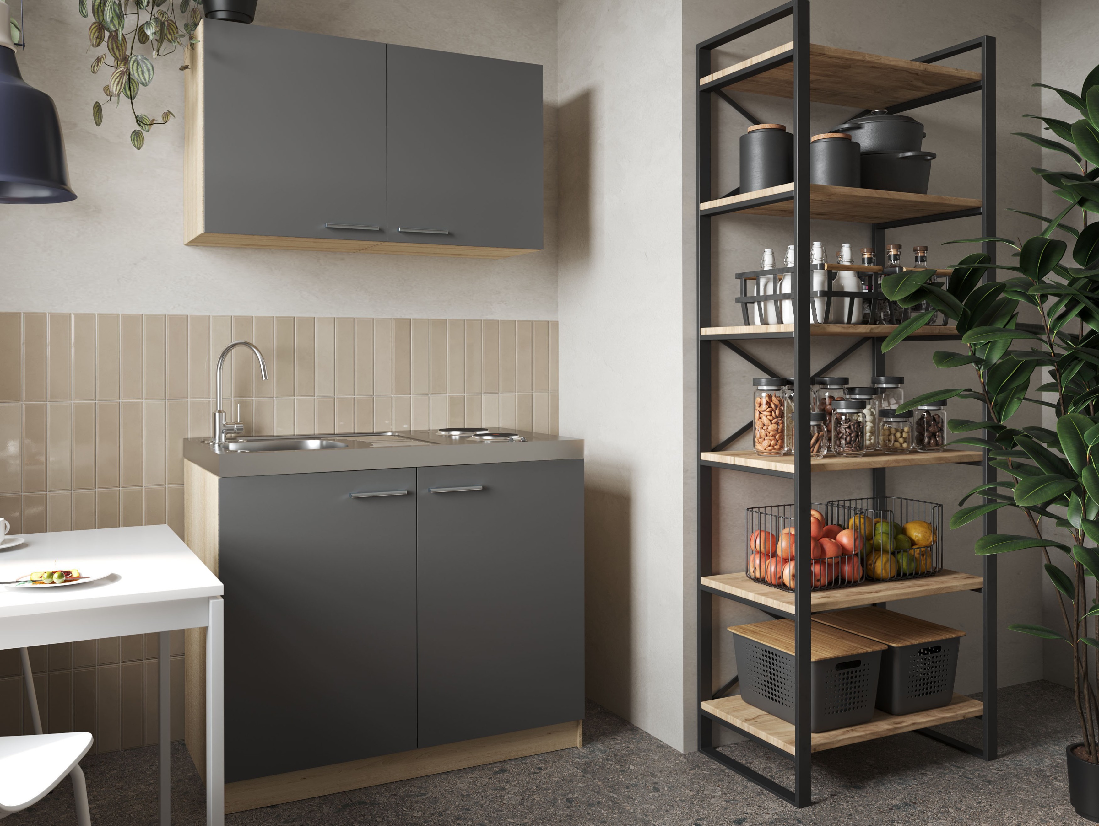 Küche Miniküche Singleküche Pantry Eiche Sägerau Grau Merle 100 cm Respekta
