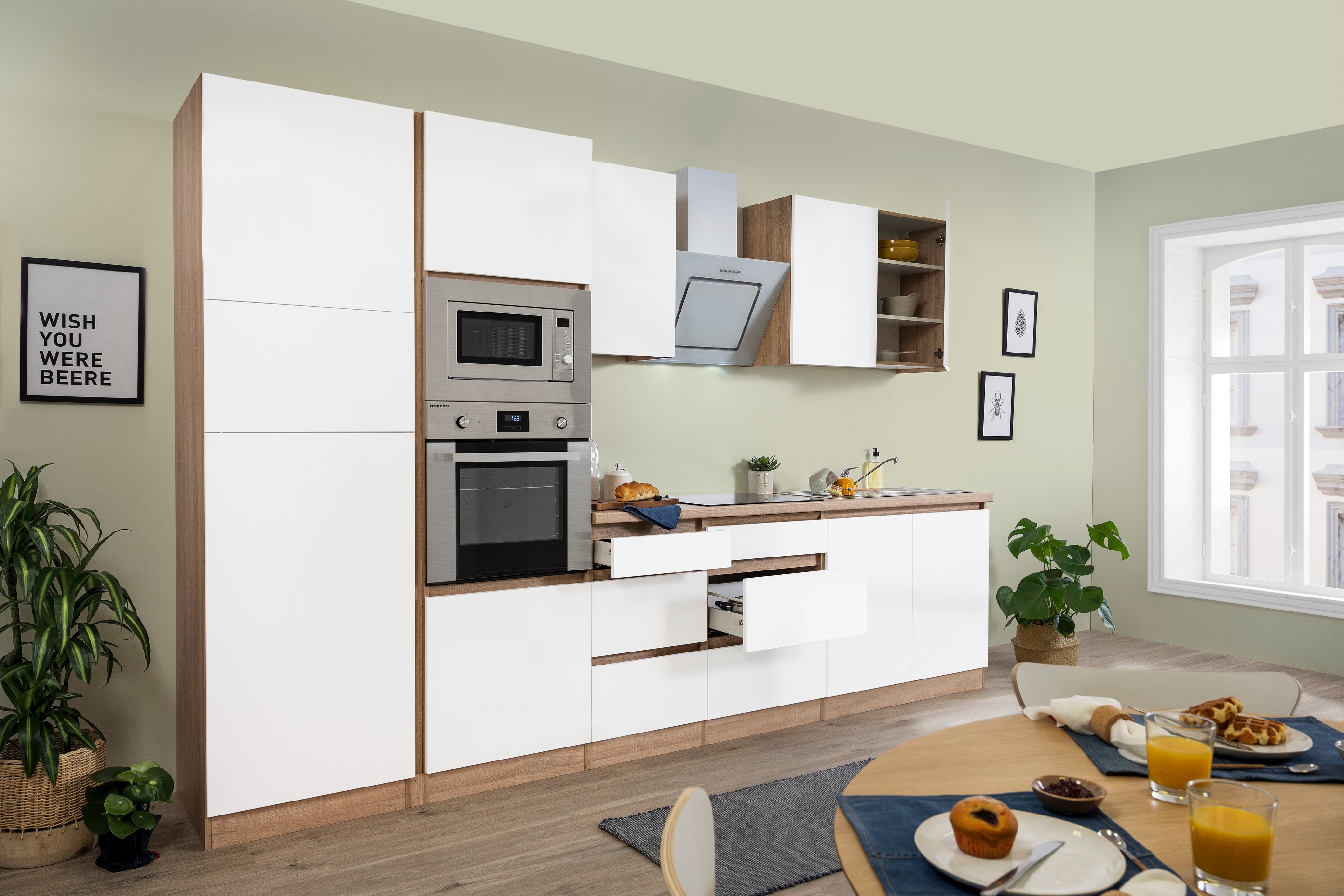 respekta Küche Küchenzeile Küchenblock grifflose Küche 335 cm Eiche Sonoma weiß