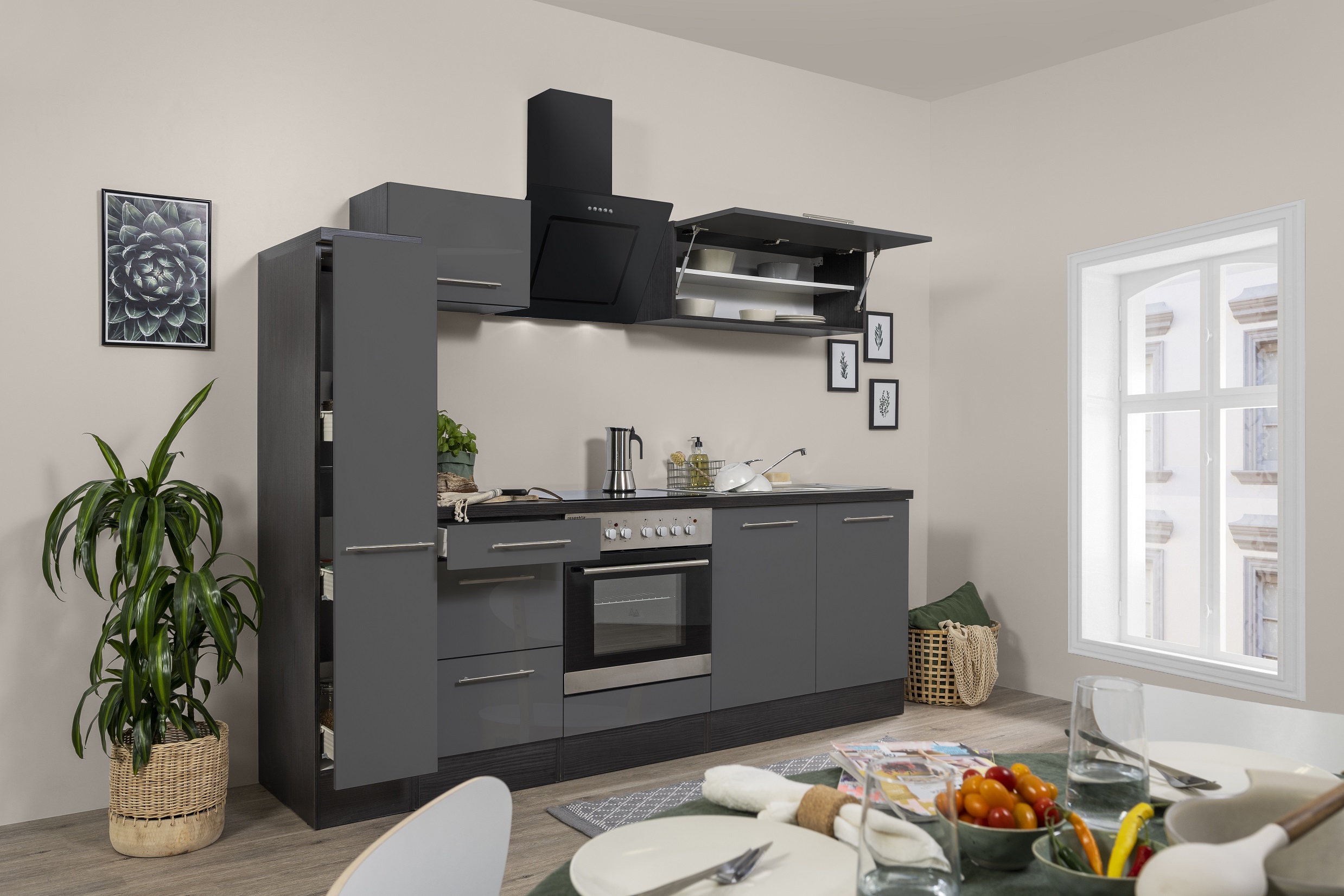 respekta kitchen unit kitchen block fitted kitchen high gloss 240 cm oak grey