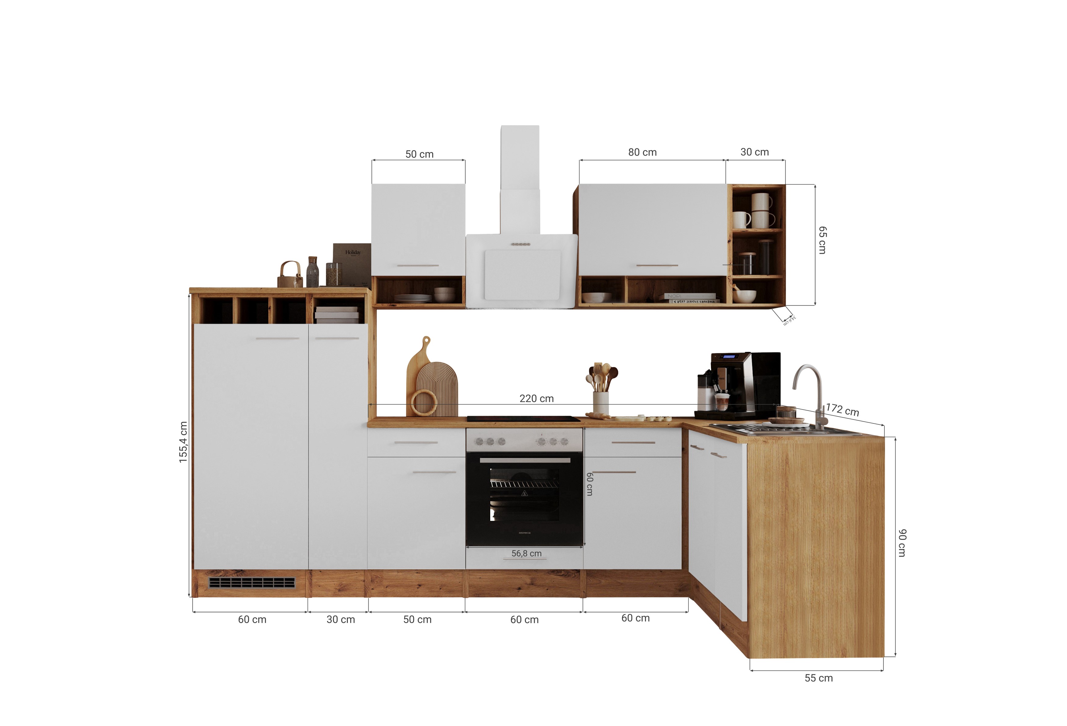 Angle kitchen kitchen unit L-shape kitchen fitted kitchen oak white 310x172 cm respekta