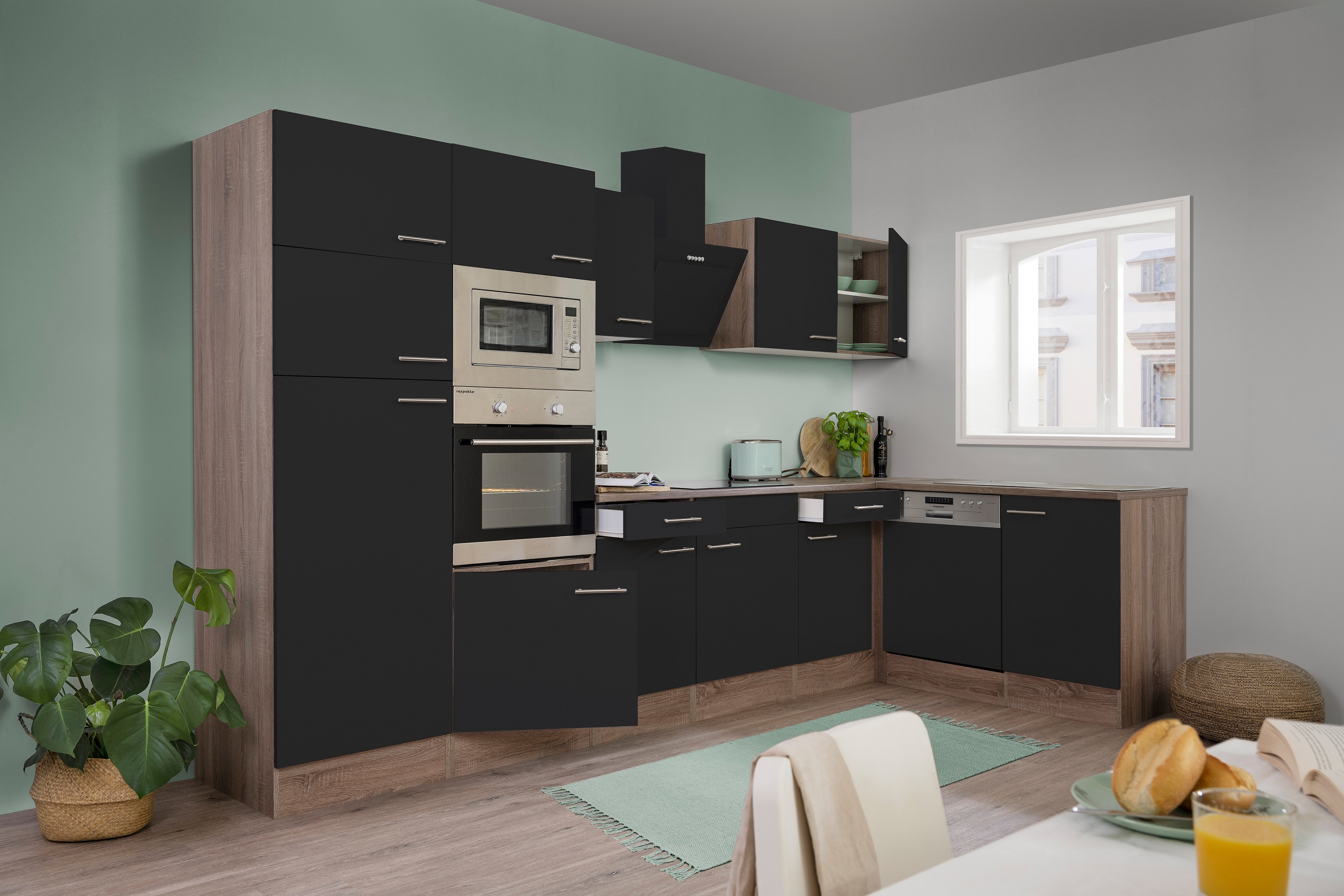 respekta Küchenzeile Küche Winkelküche L-Form Eiche York schwarz 340x172cm