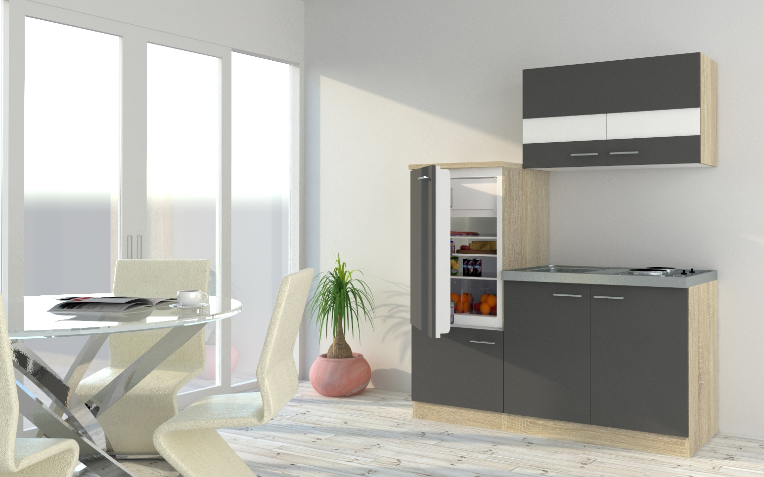 Küche Miniküche Single Eiche Grau  Kühlschrank Luis 160 cm Respekta