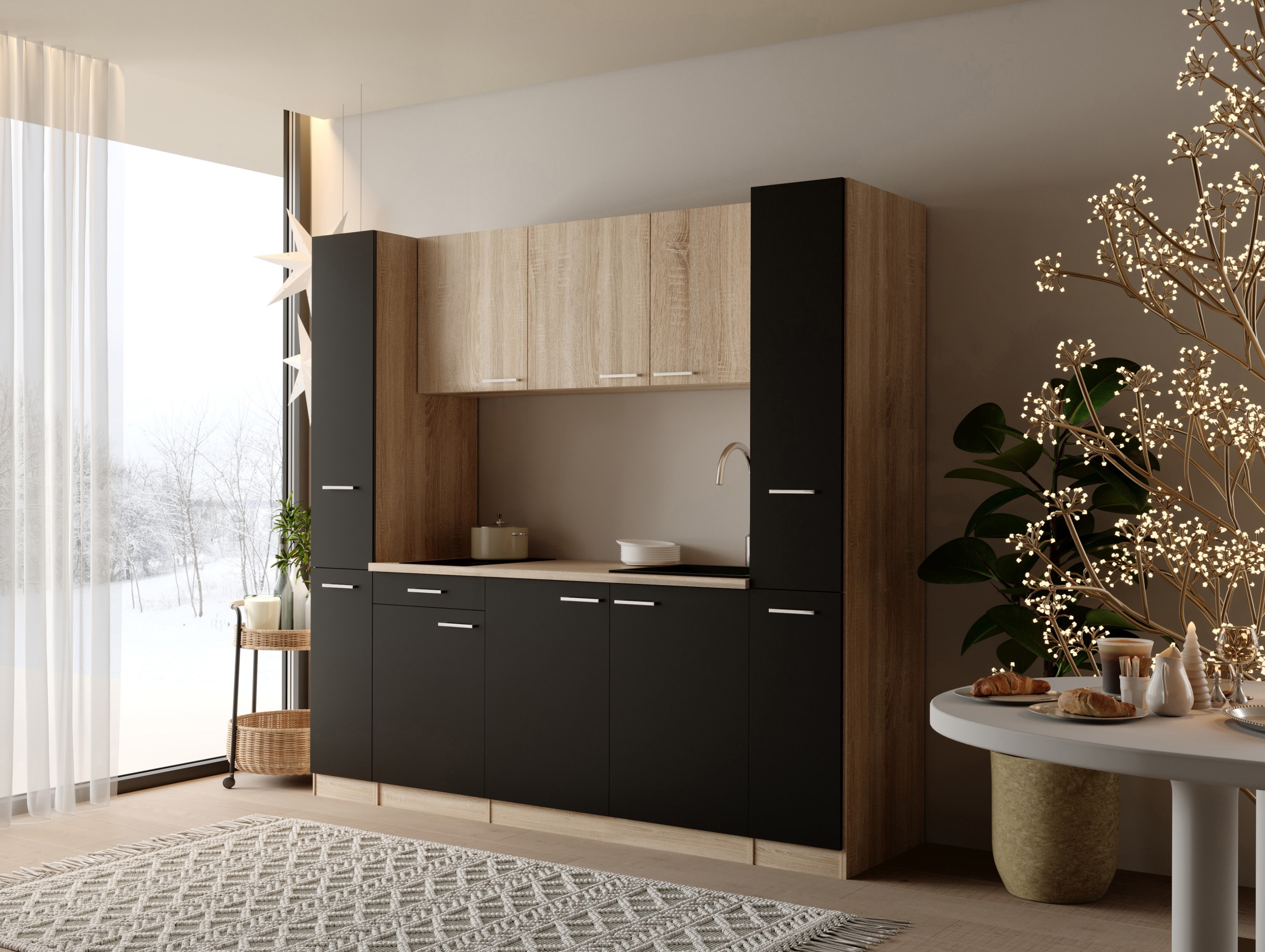 Küche Küchenzeile Singleküche Eiche Schwarz Ingrid 210 cm ohne Kühlschrank Respekta