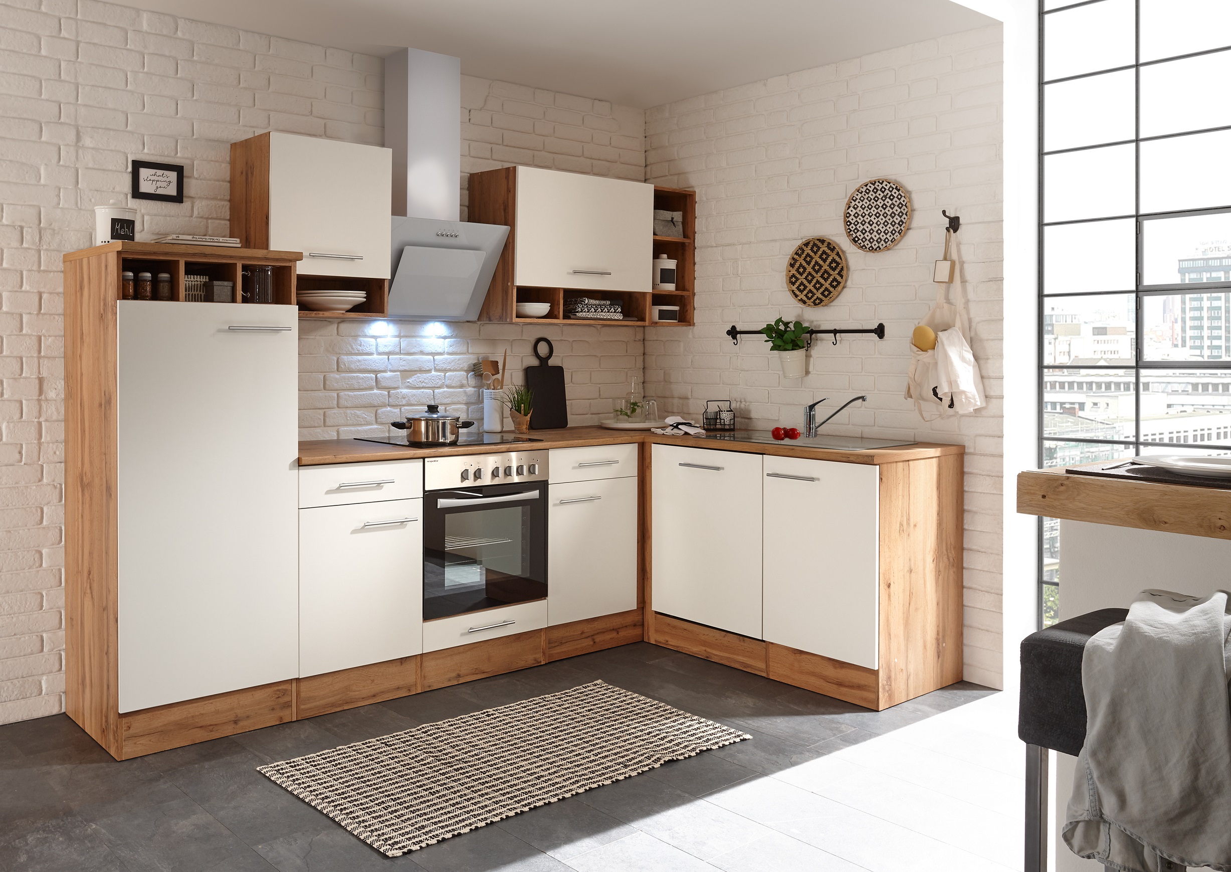 Küche Küchenzeile Winkelküche Leerblock respekta 280 cm Eiche Sägerau weiss 