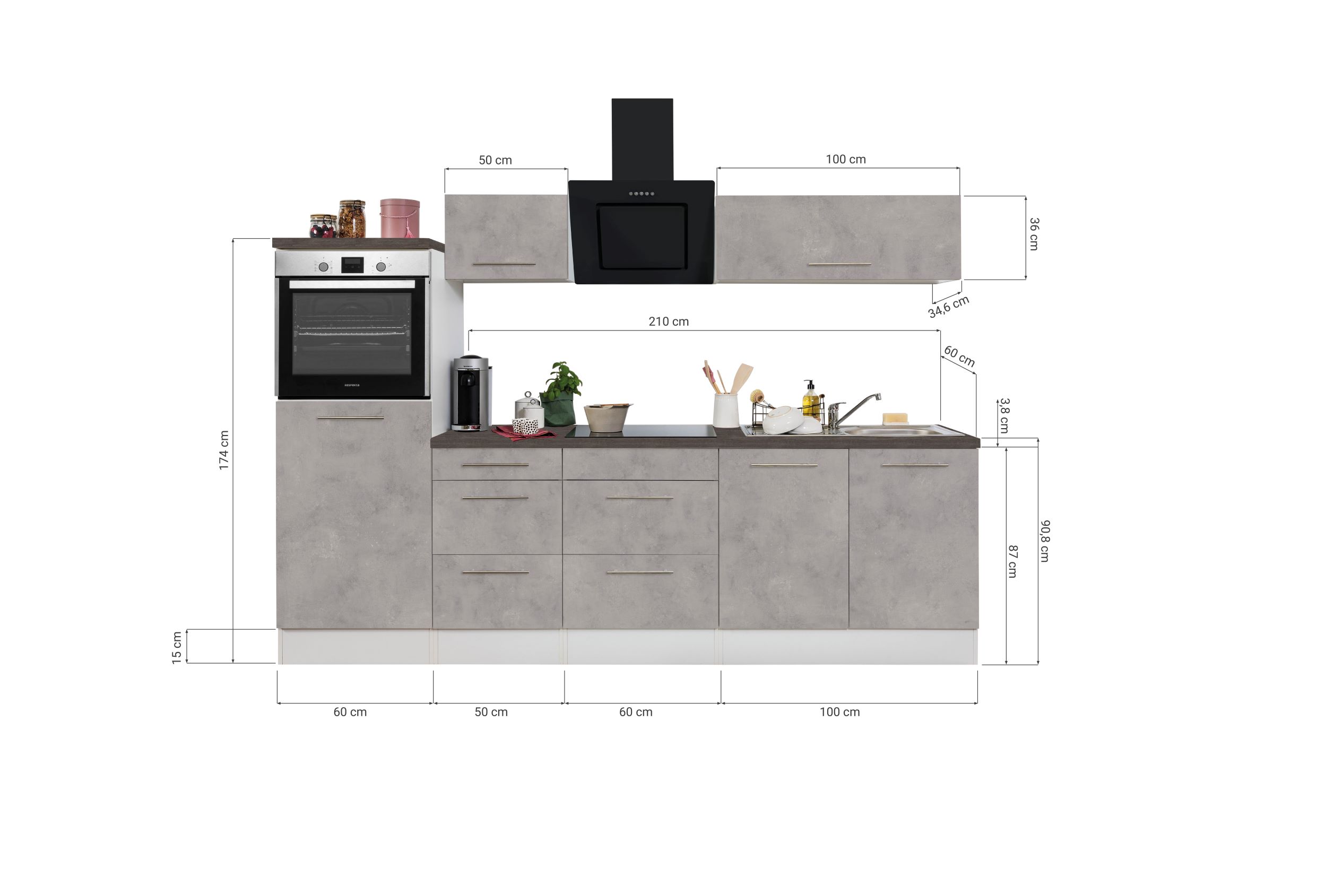 Küche Küchenzeile Küchenblock  Beton Amanda 270 cm Respekta Premium