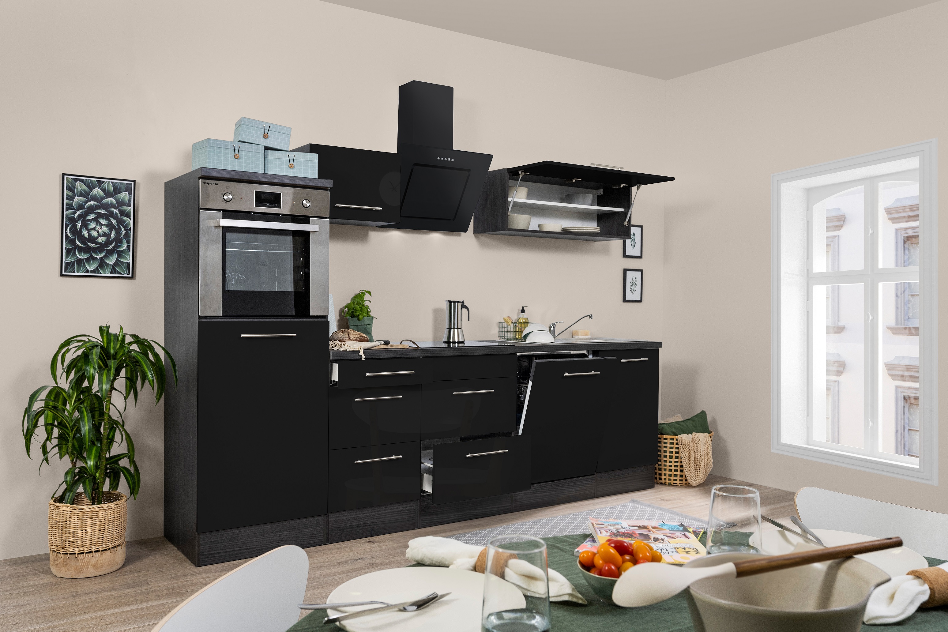 Küche Küchenzeile Küchenblock  Eiche Schwarz Amanda 280 cm Respekta Premium