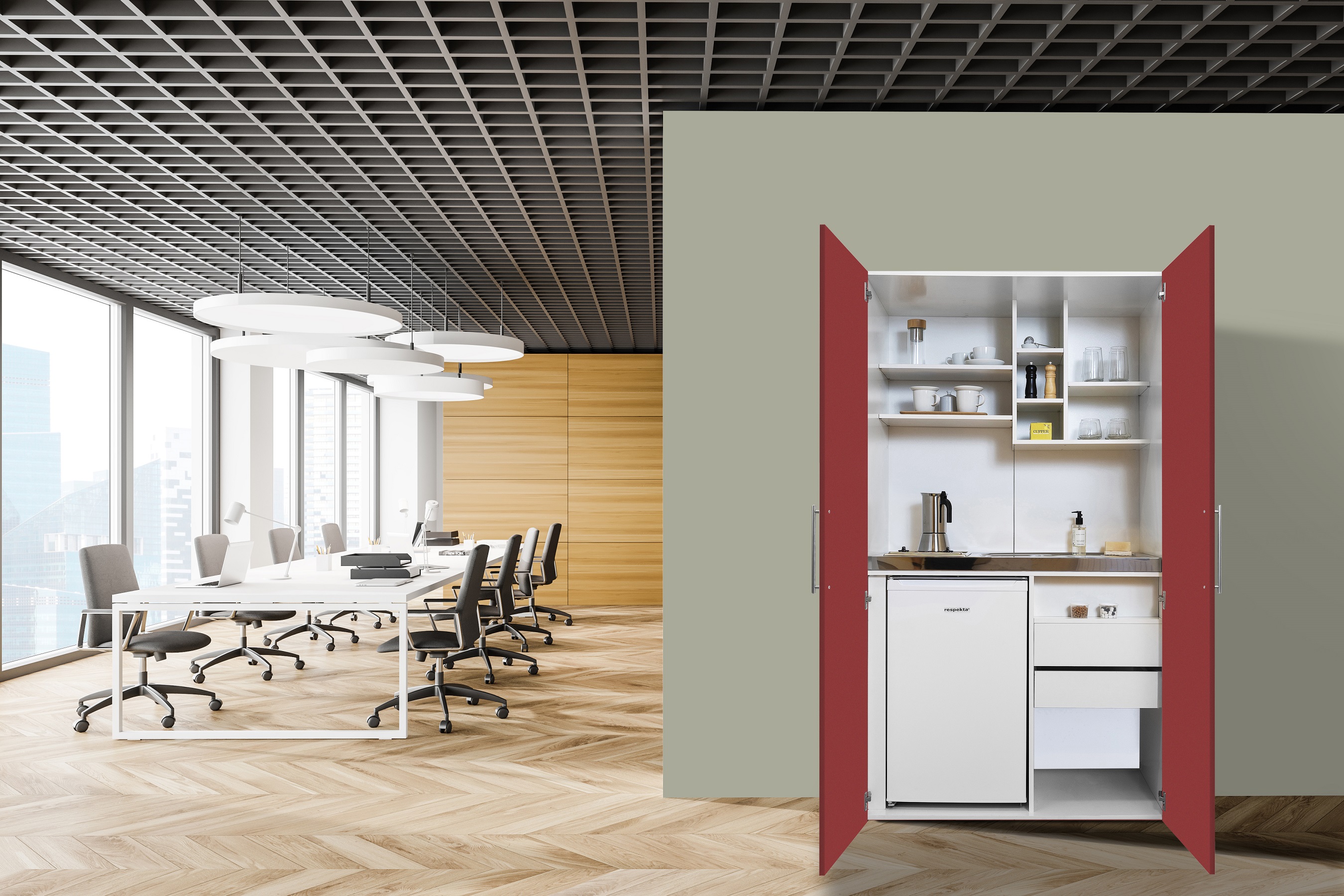 Küche Büroküche Miniküche Singleküche Weiß Rot Peter 104 cm Respekta