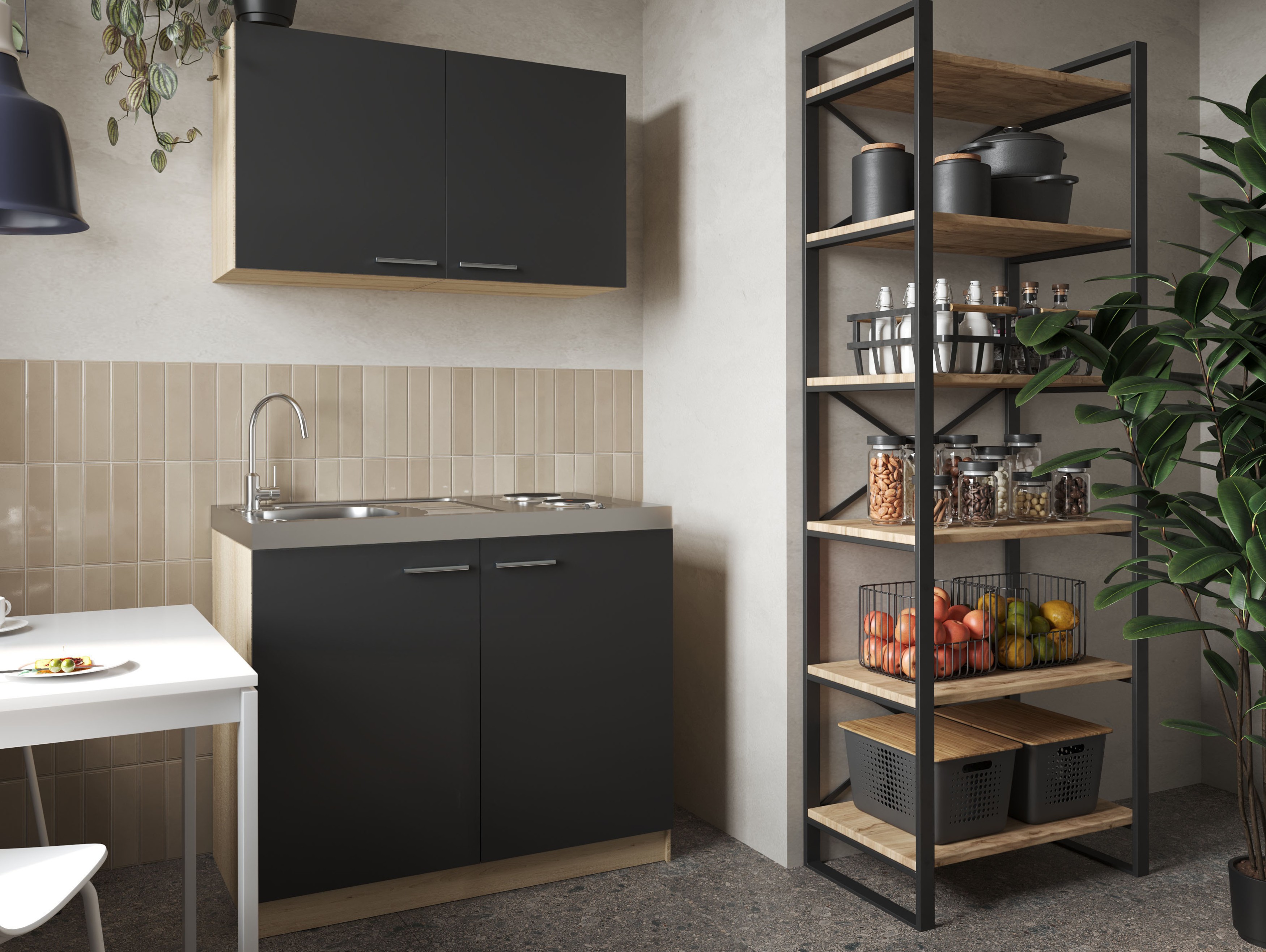 Küche Miniküche Singleküche Pantry Eiche Sägerau Schwarz Merle 100 cm Respekta
