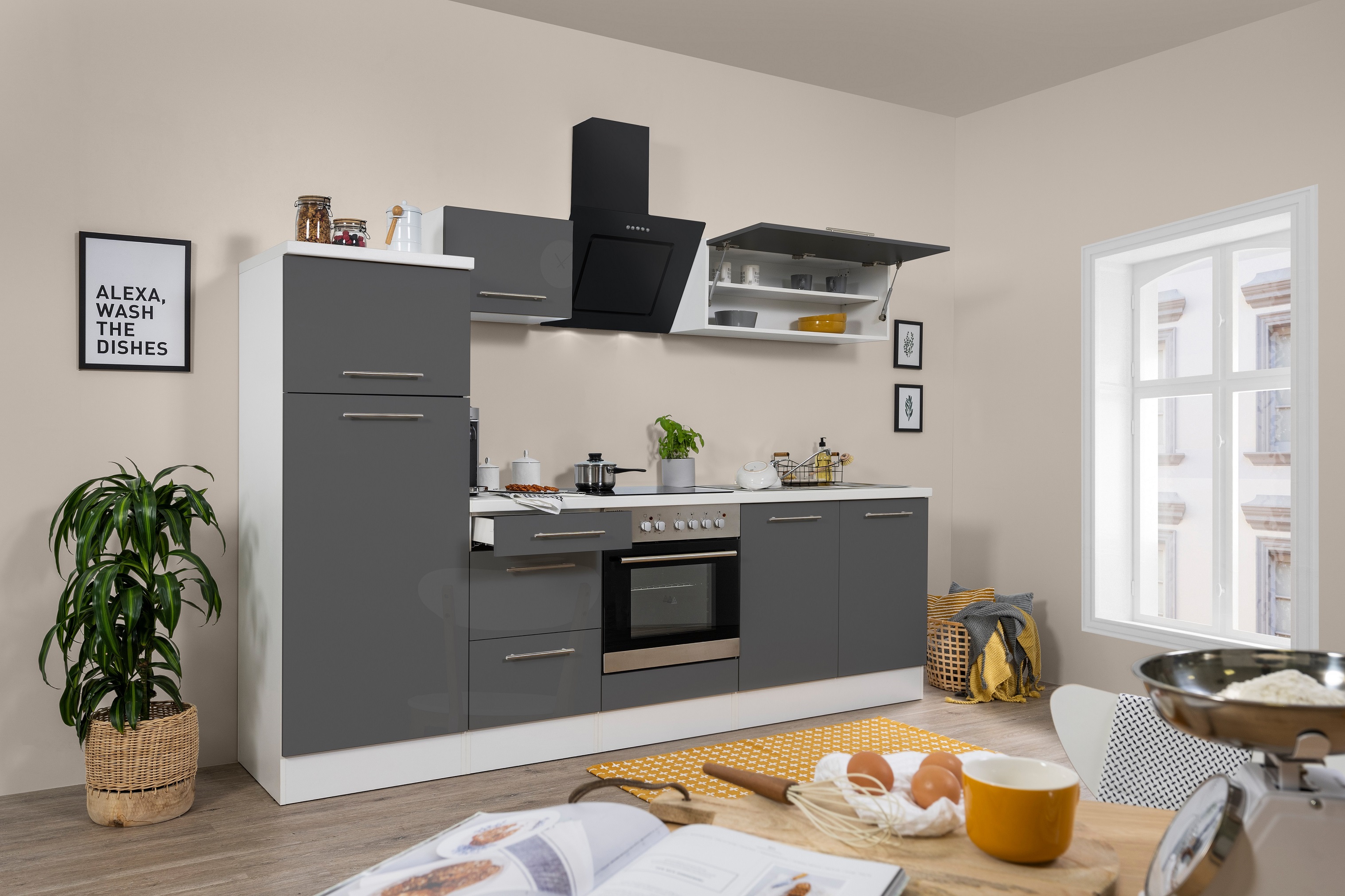 respekta Küchenzeile Küche Küchenblock Einbauküche Hochglanz 270 cm weiß grau