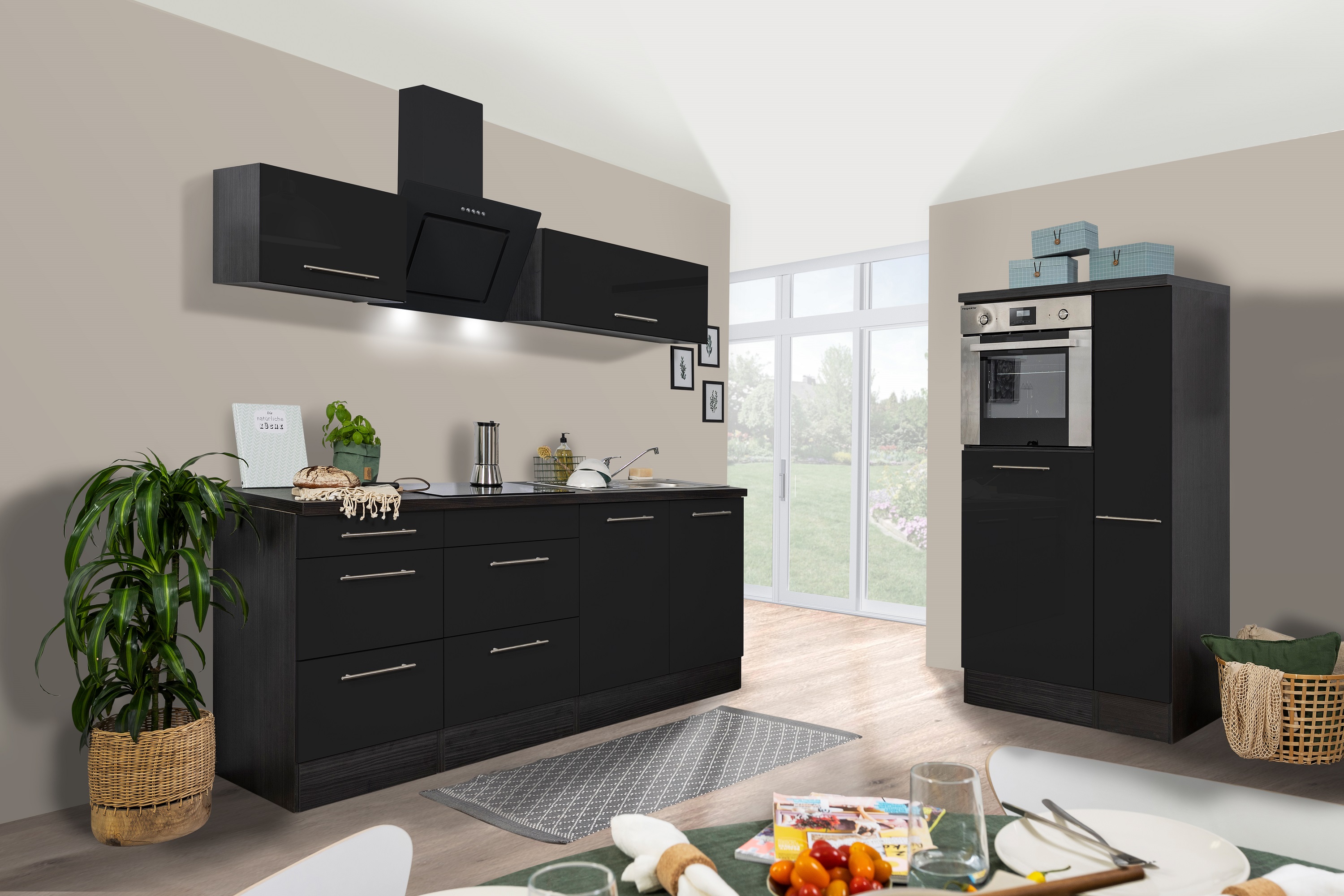 respekta blocco cucina cucina montato cucina 300cm rovere lucido nero