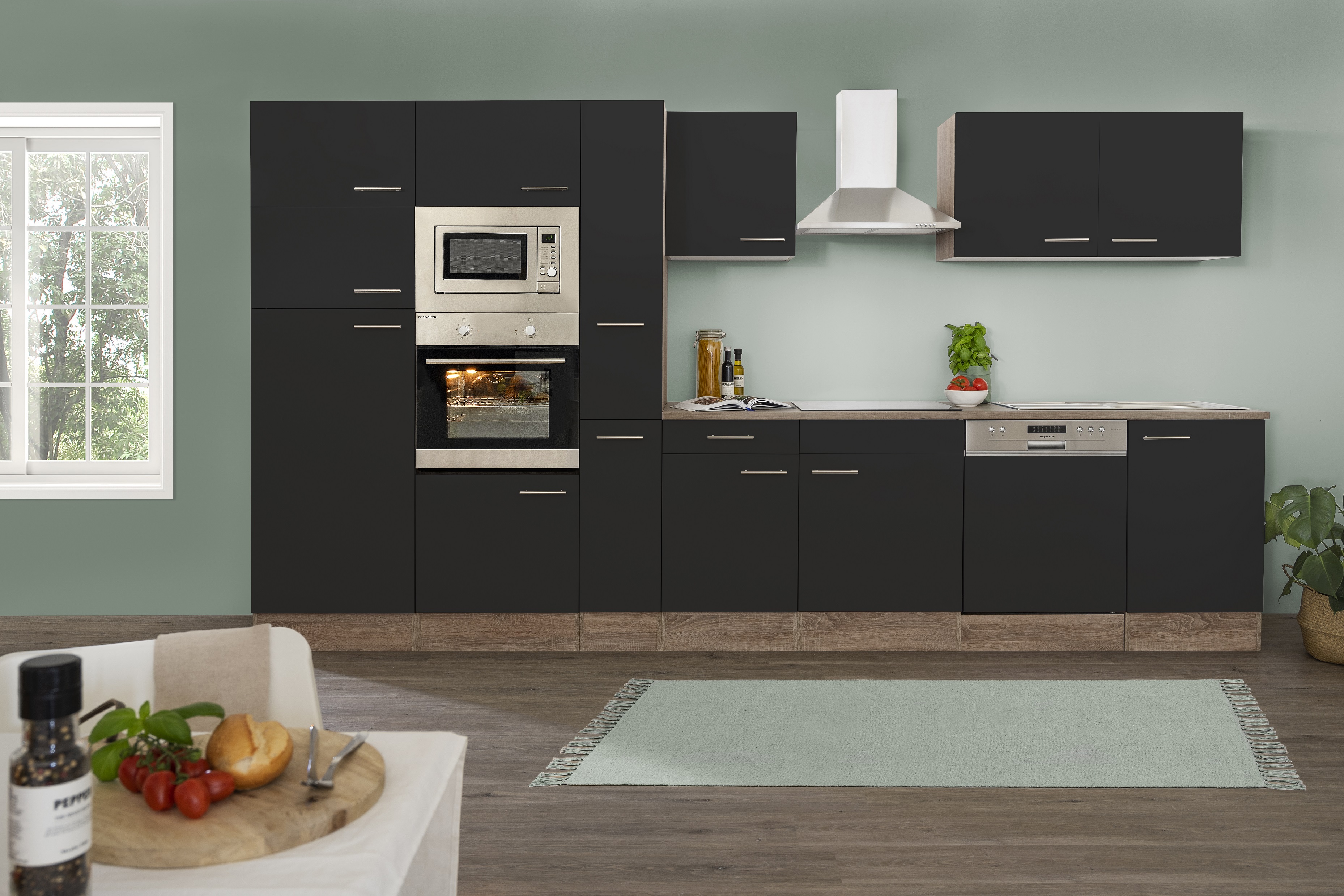 respekta Küche Küchenzeile Küchenblock Einbauküche Eiche York schwarz 370 cm