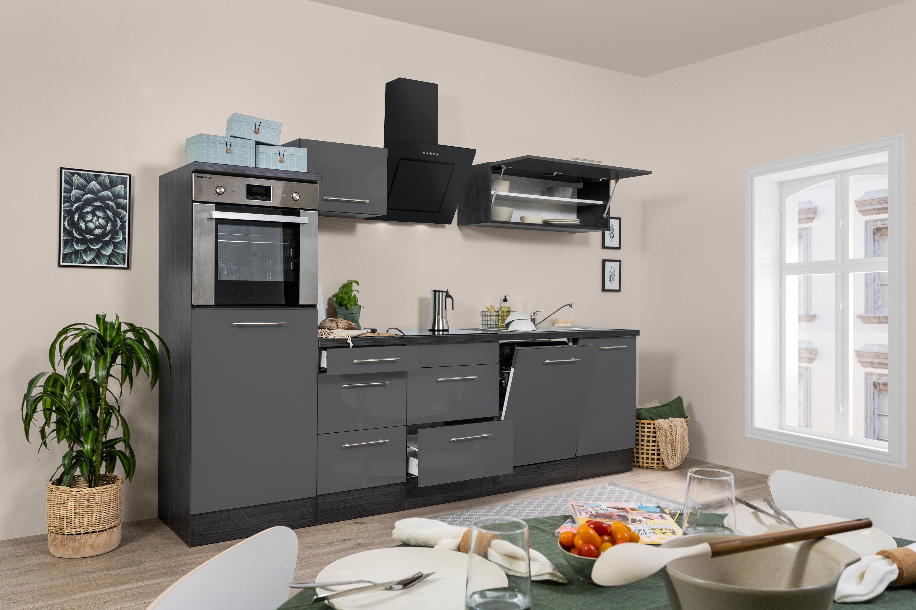 respekta blocco cucina cucina montato 280 cm rovere lucido grigio