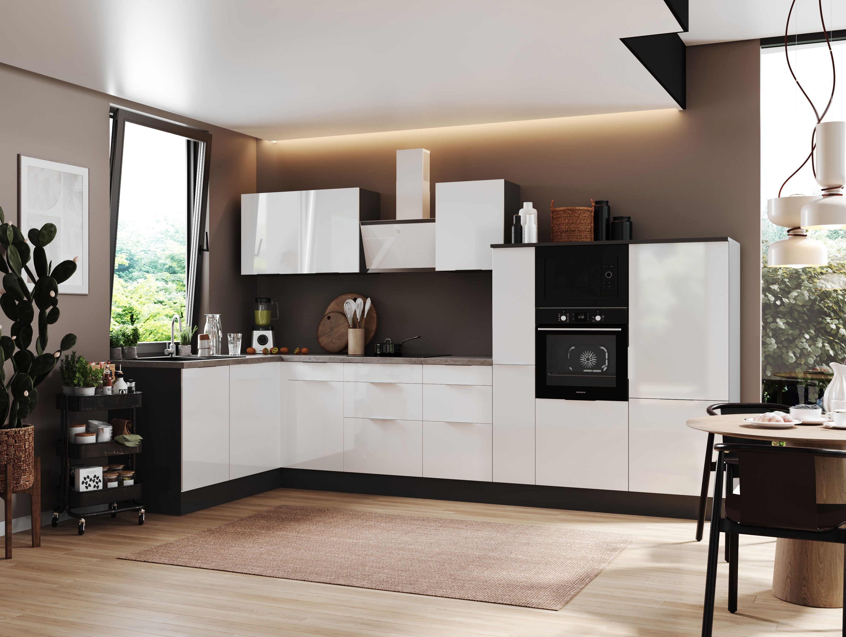 Küche vormontierte L - Küche 370 x 175 cm wechselseitig aufbaubar incl. Geräte Respekta Selection Elisabeth Weiß 