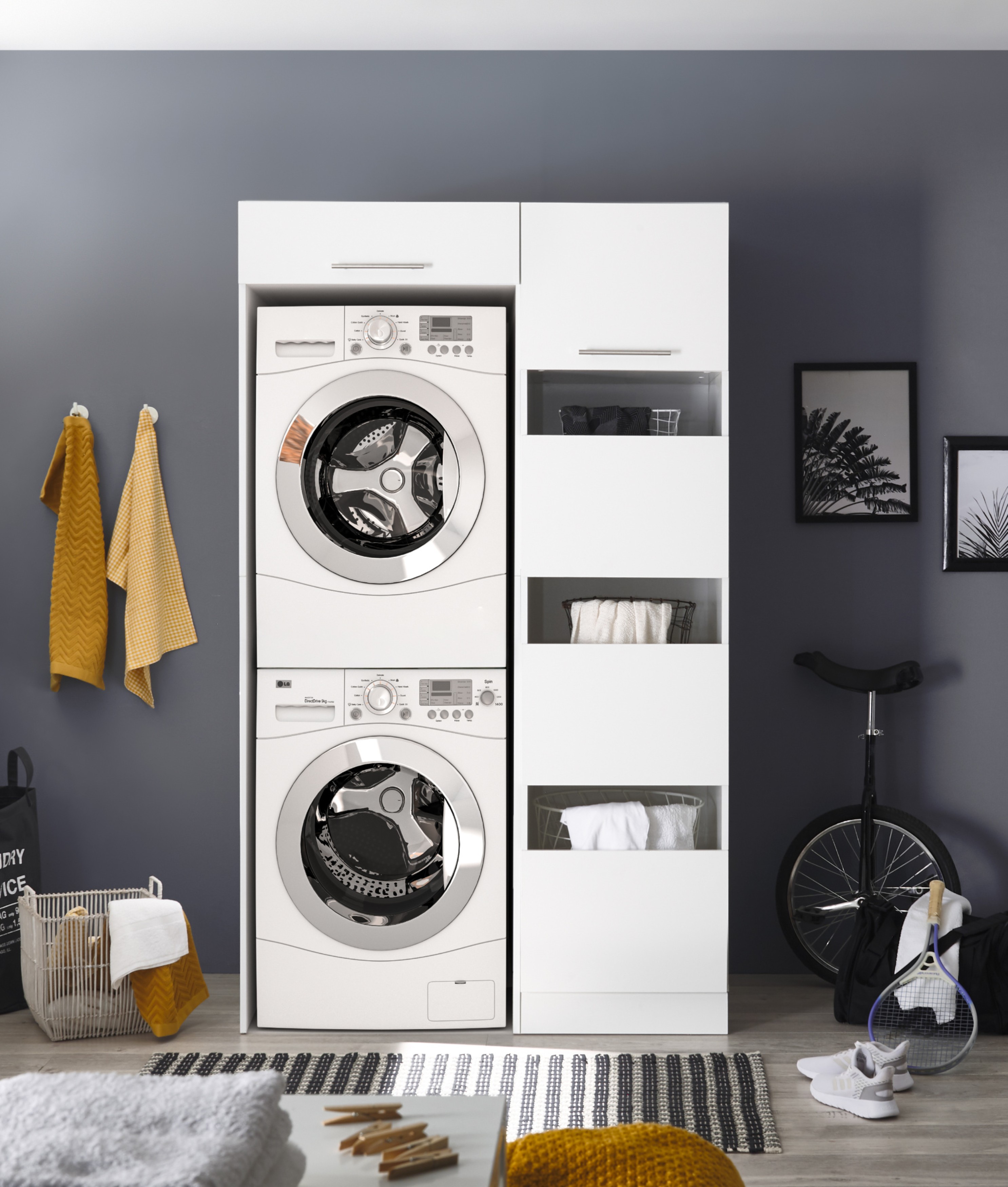 Waschmaschinenschrank Trockner Schrank Wäscheschrank 117 cm Weiß Clara Respekta