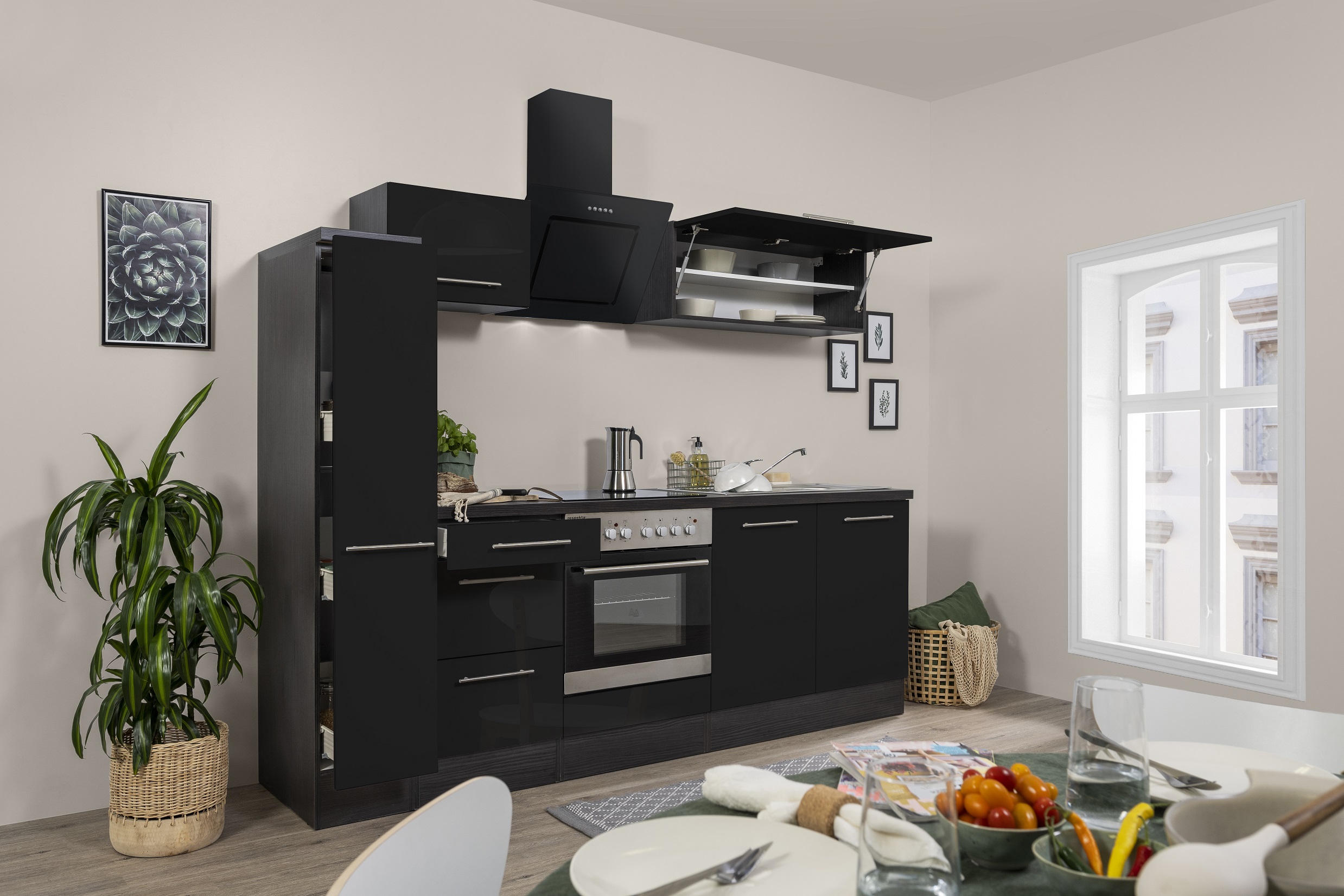 respekta kitchen unit kitchen block fitted kitchen high gloss 240cm oak black