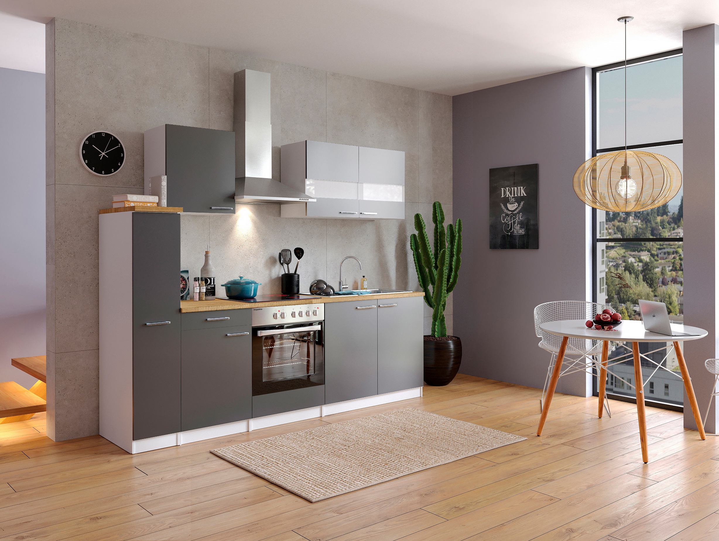 Küche Küchenzeile Küchenblock Einbauküche Komplett 240 cm weiß grau respekta 