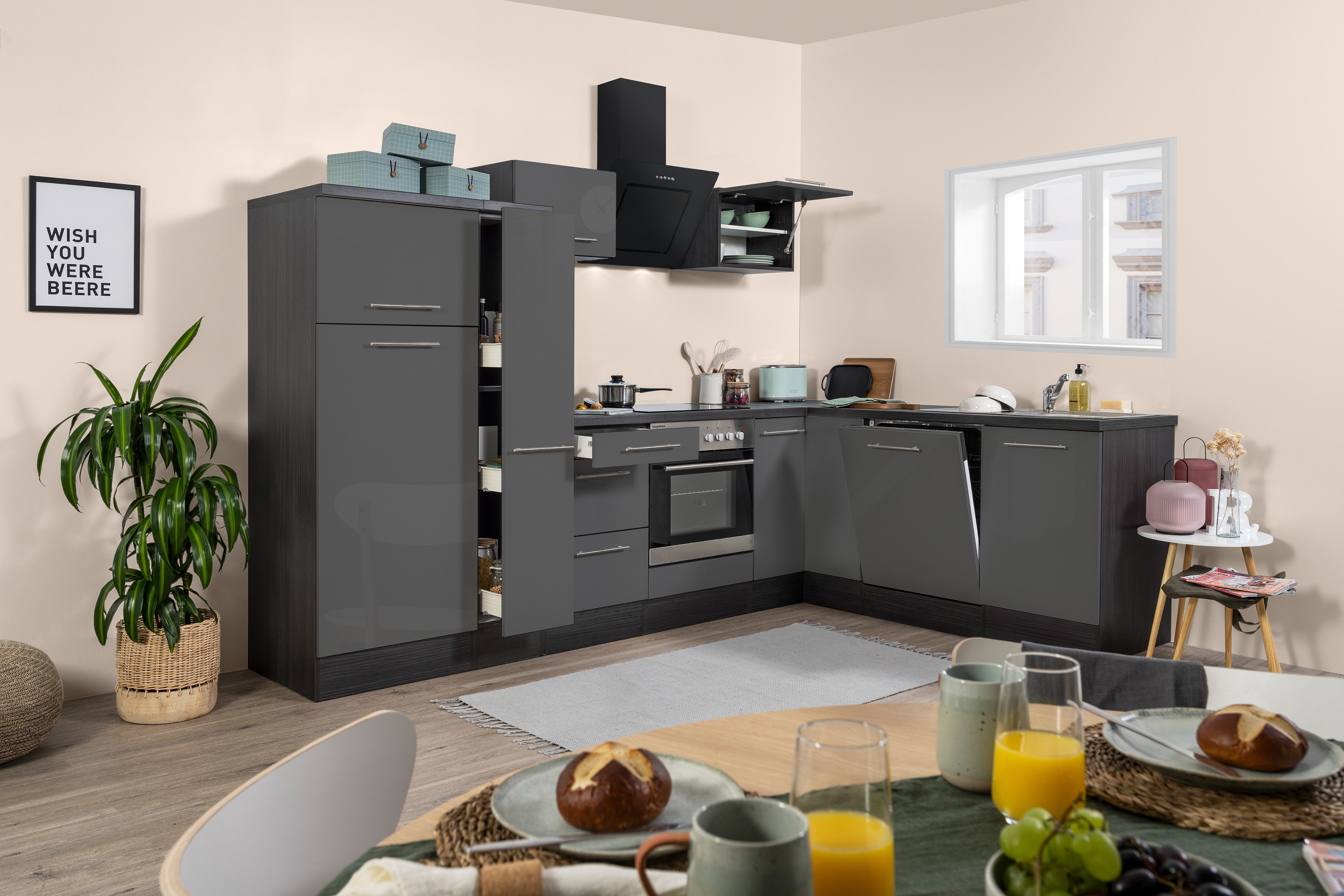 Angle kitchen kitchen unit L-shape kitchen fitted kitchen oak grey 290x200 cm respekta