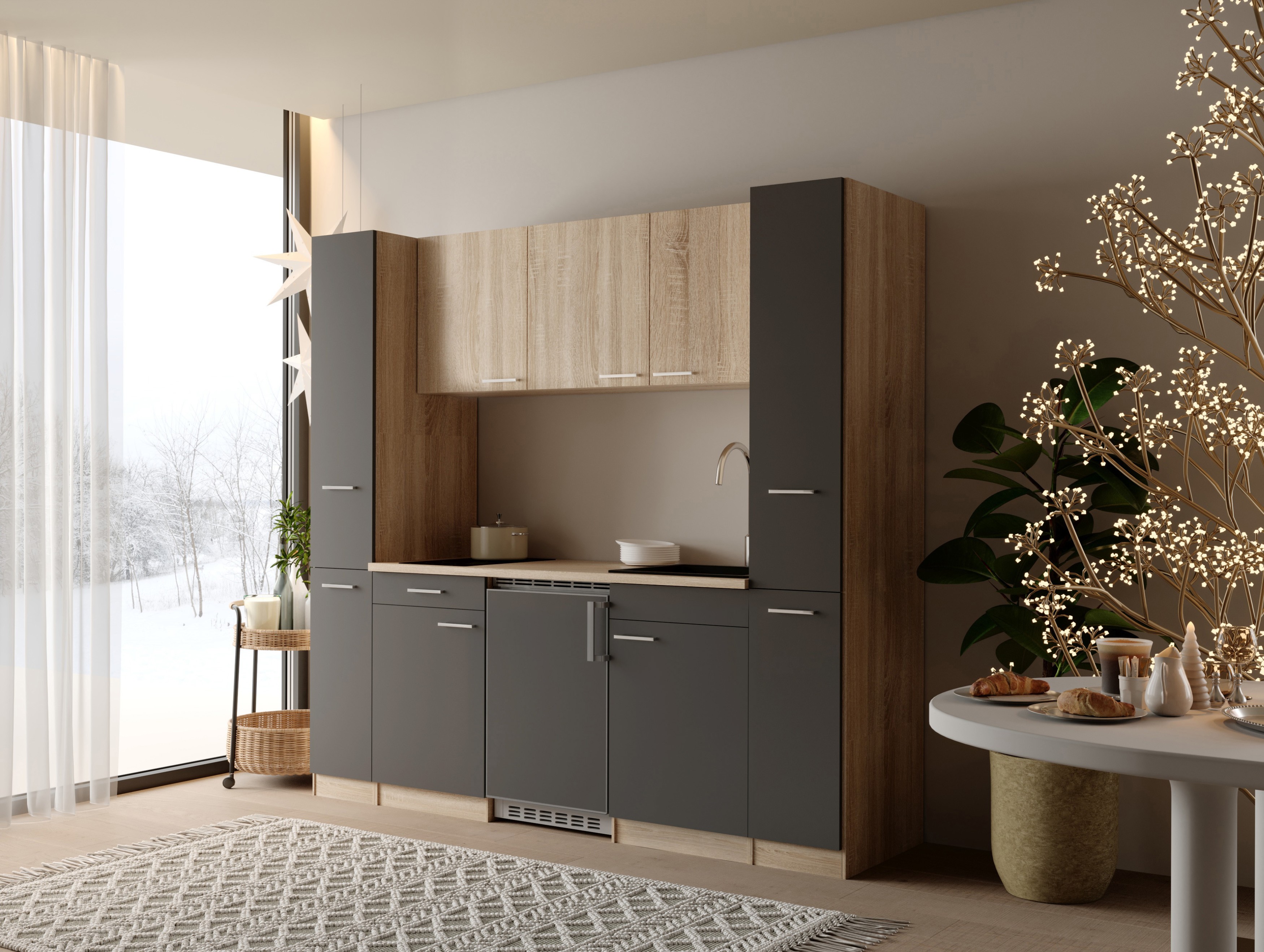 Küche Küchenzeile Einbauküche Singleküche Eiche Grau Ingrid 210 cm Respekta