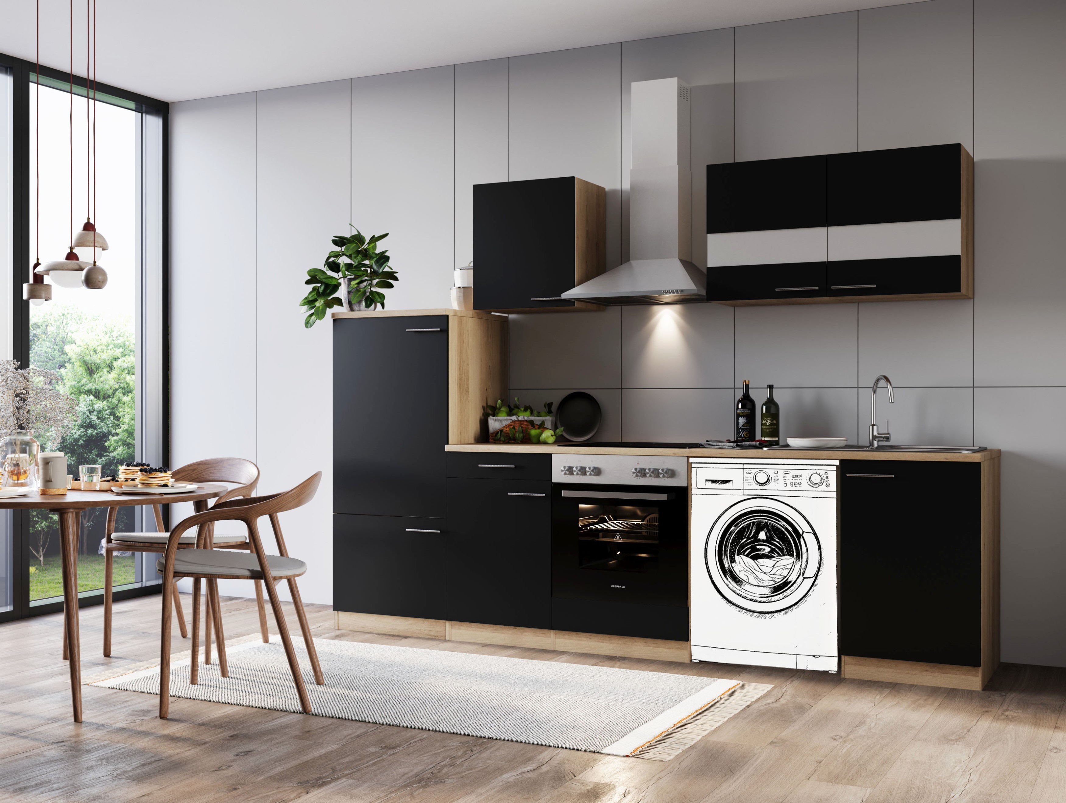 Küche Küchenzeile für Unterbau Waschmaschine Eiche Schwarz Merle 280 cm Respekta Küche Küchenzeile für Unterbau Waschmaschine Eiche Schwarz Merle 280 cm Respekta