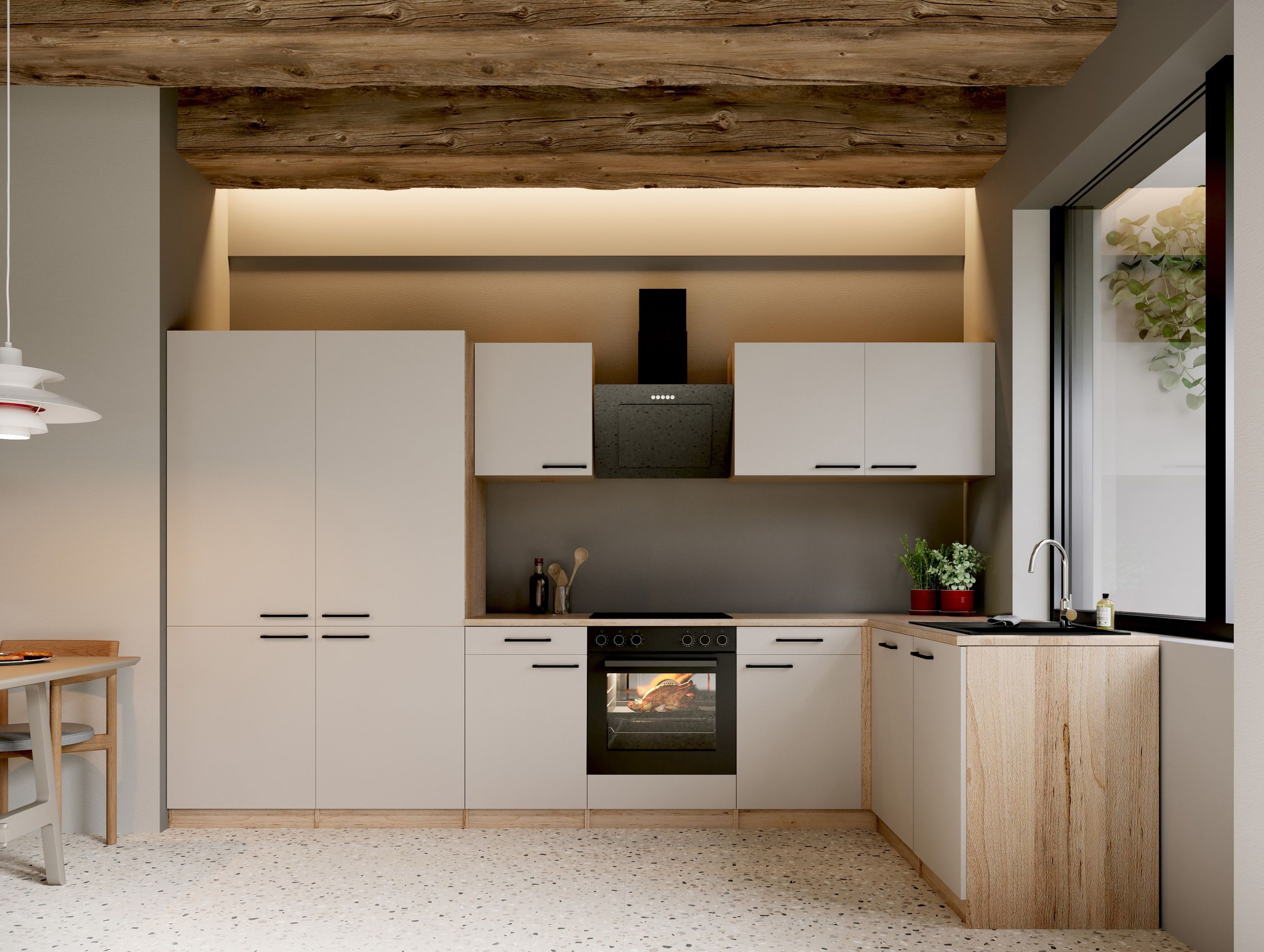 Respekta Küche L-Küchenzeile Merle mit Einbaukühlschrank French Door Optik 340 cm – Kaschmir / Eiche Sägerau Nachbildung