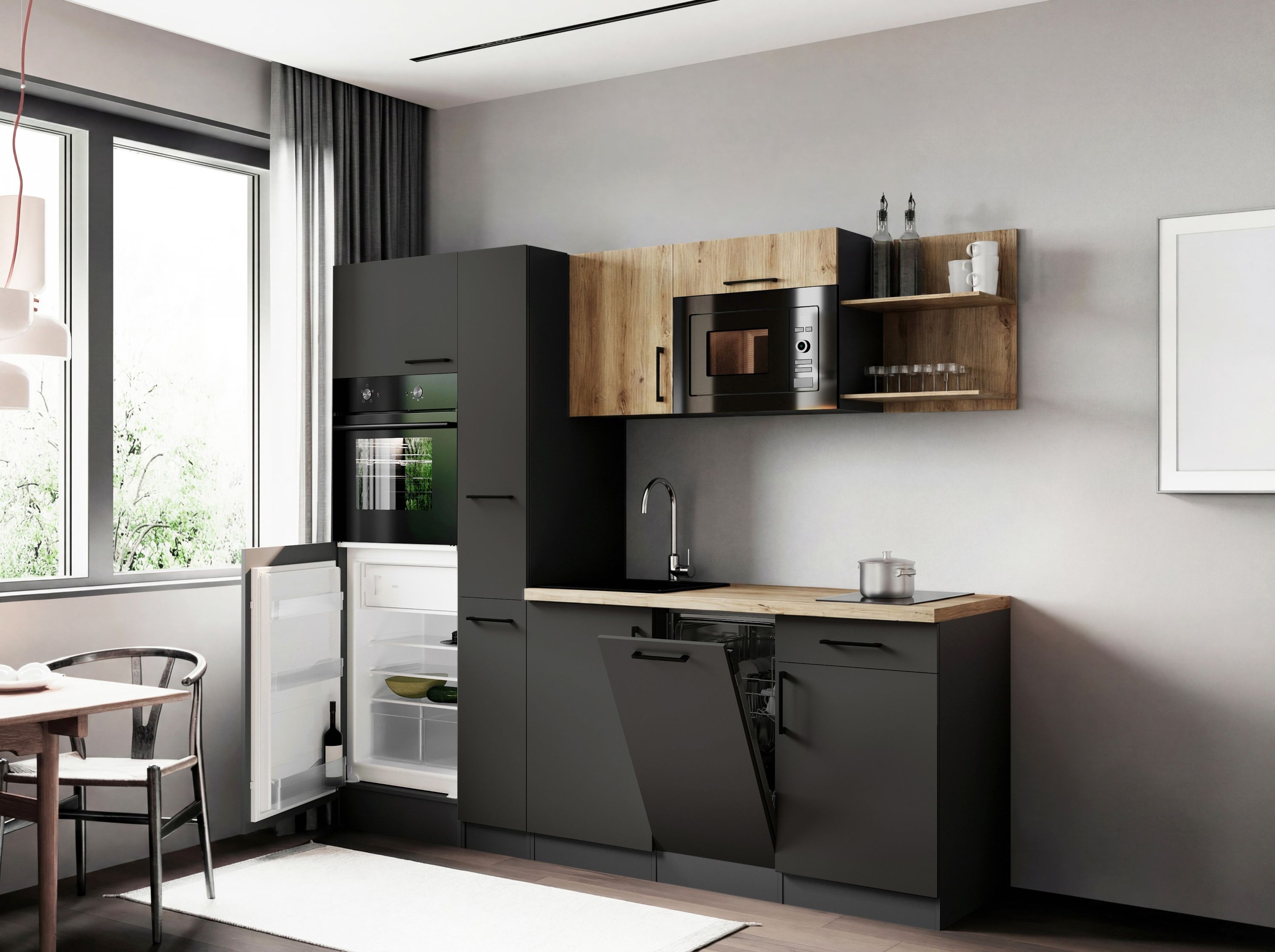 Respekta Küche Küchenzeile Oliver Singleküche 235 cm mit Fronten in – Grau Matt / Artisan Eiche Nachbildung